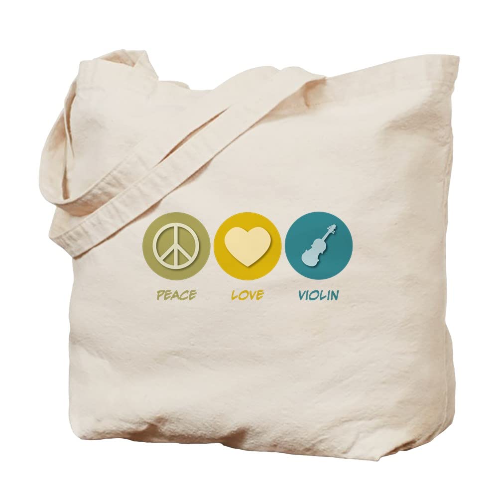 Peace Love Violin Tote Bag - Natural Canvas Reusable Shopping Bag for Groceries, Beach, Work & School | Eco-Friendly Cotton Carryall for Musicians & Music Lovers