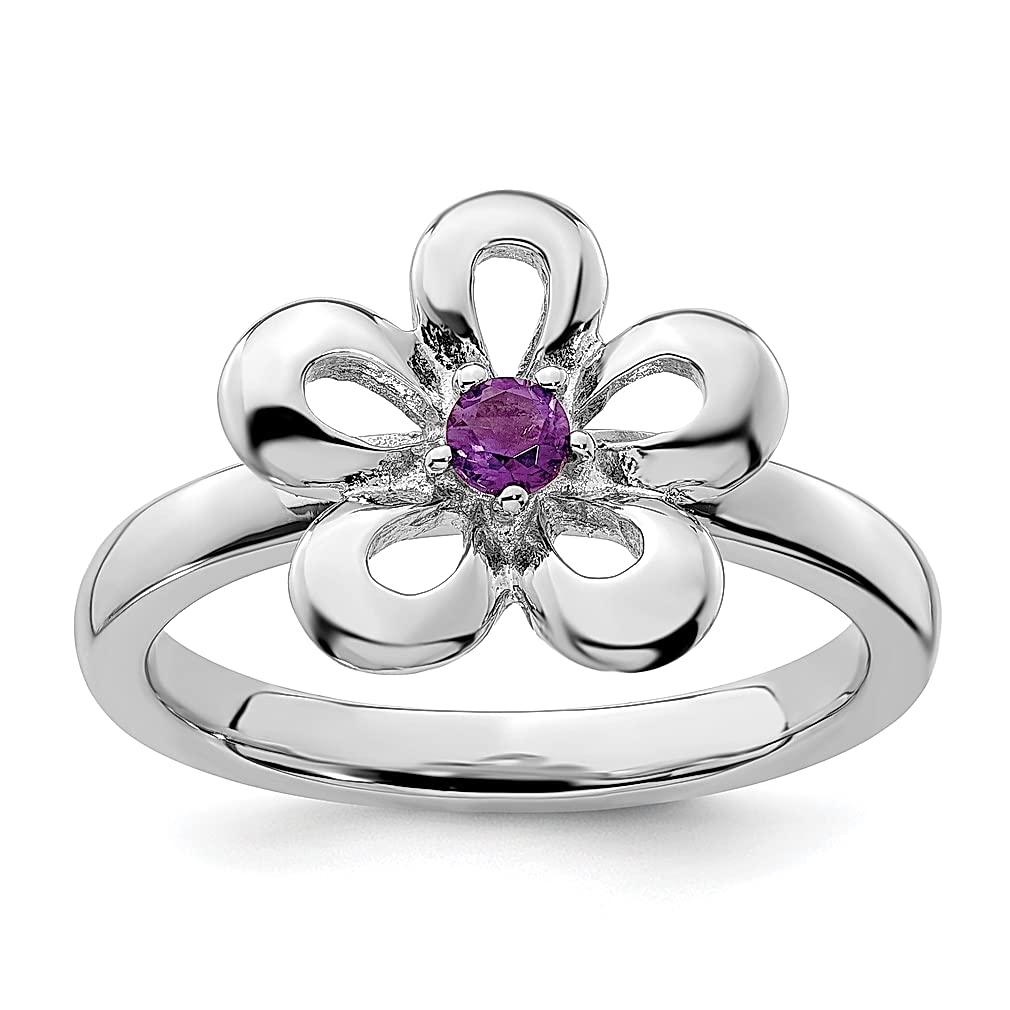 925 Sterling Silver Amethyst Flower Stackable Ring - February Birthstone Leaf Design Fine Jewelry for Women | Elegant Gift for Her, Valentine's Day, Anniversary & Special Occasions