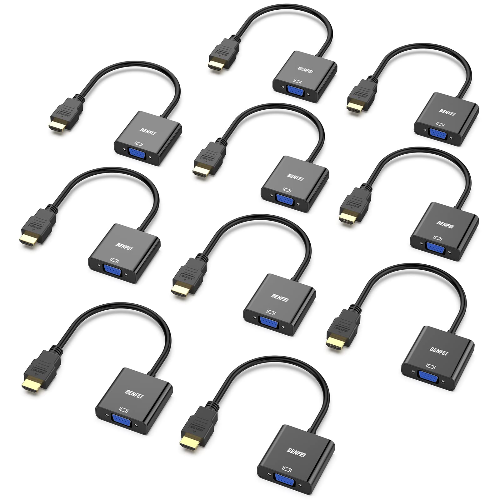 Benfei 10-Pack Gold-Plated HDMI to VGA Adapter (Male to Female) - High-Quality Video Converter for Computers, Laptops, Monitors, Projectors, HDTV, Gaming Consoles - Perfect for Home Office, Classroom, Conference Room & Entertainment Setup
