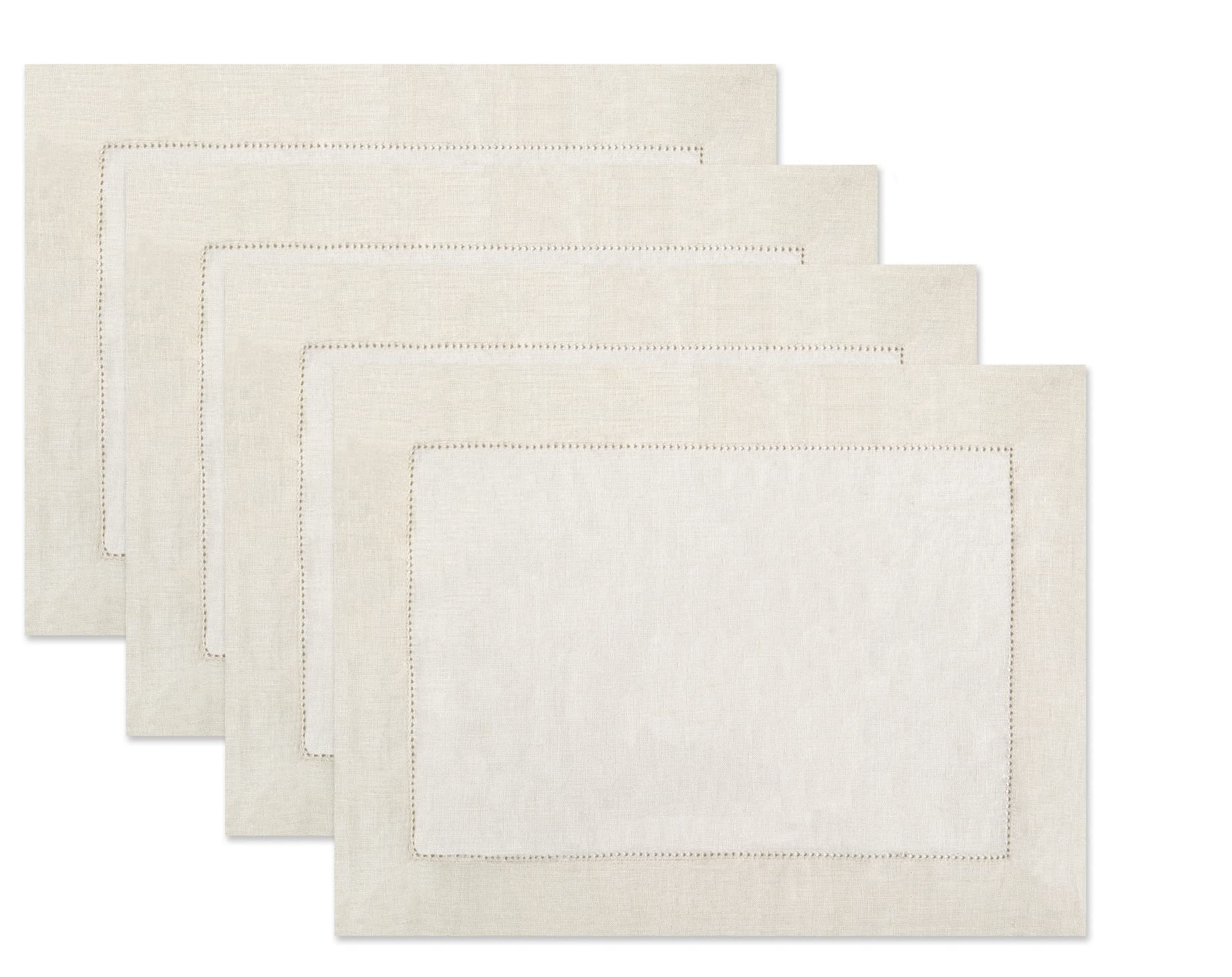 Premium Linen Placemats Set of 4 - Ivory Hemstitch Table Mats for Dining | Handmade 100% Pure Linen Fabric | Elegant Neutral Kitchen Decor (14x19 Inches) | Perfect for Casual Meals, Formal Dinners & Holiday Entertaining