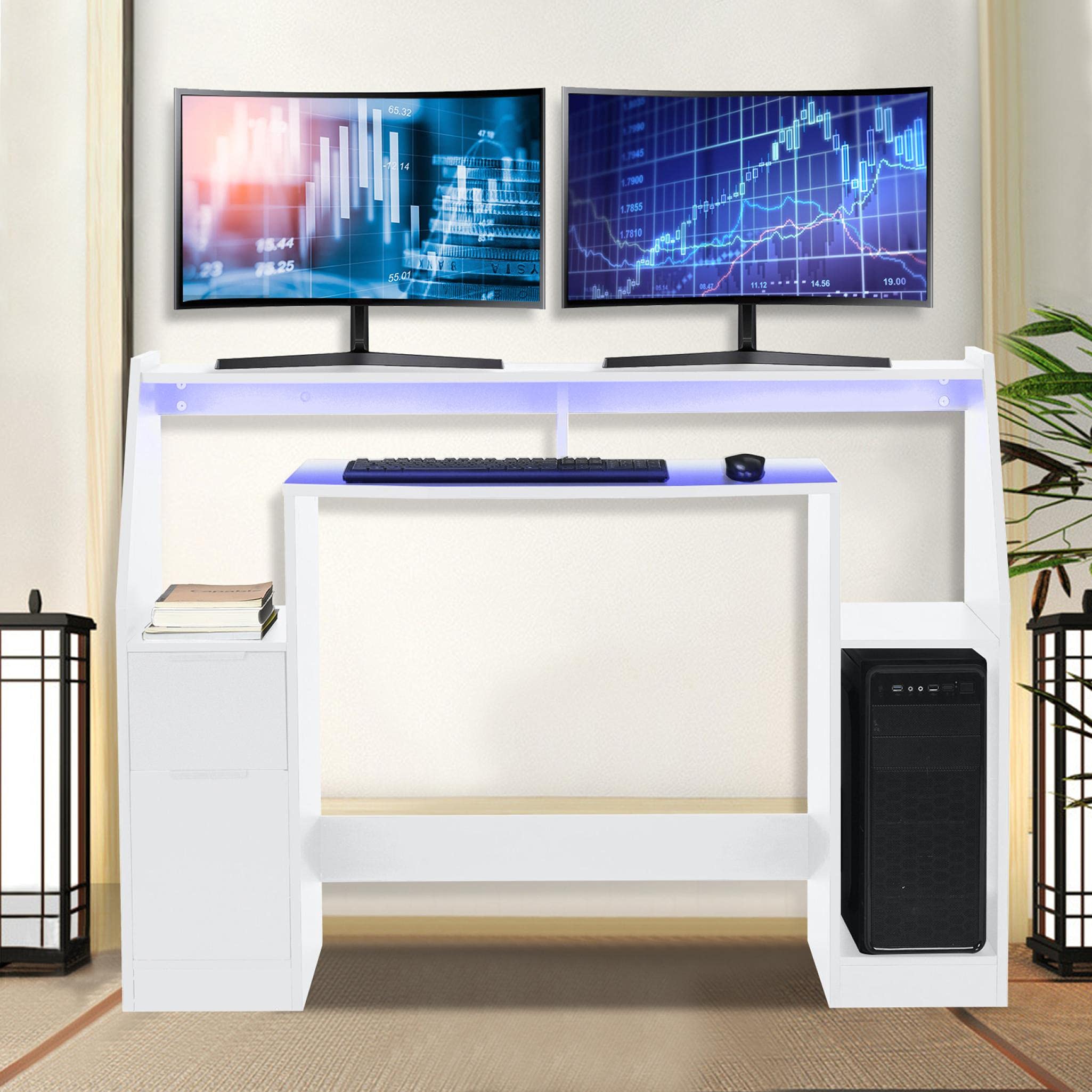 Qianglin Modern Computer Desk with Drawers - Home Office Writing Desk, Study Table & Gaming Workstation with LED Lights - Compact PC Laptop Desk for Small Spaces (White) - Perfect for Remote Work, Online Classes & Gaming Setups