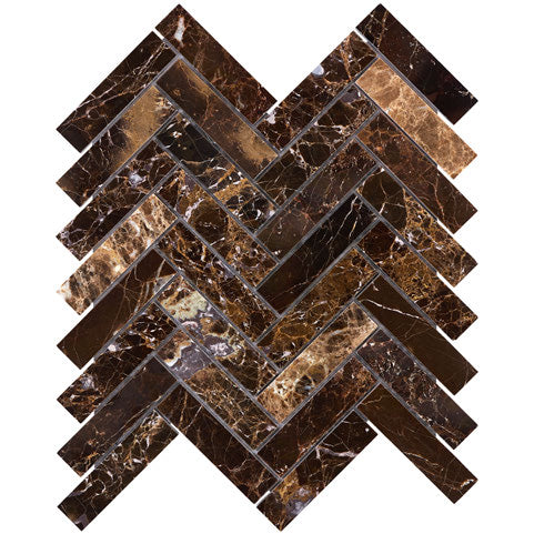 Emperador Dark Marble 1x4 Herringbone Mosaic Tile - Polished Finish for Kitchen Backsplash, Bathroom Wall & Flooring