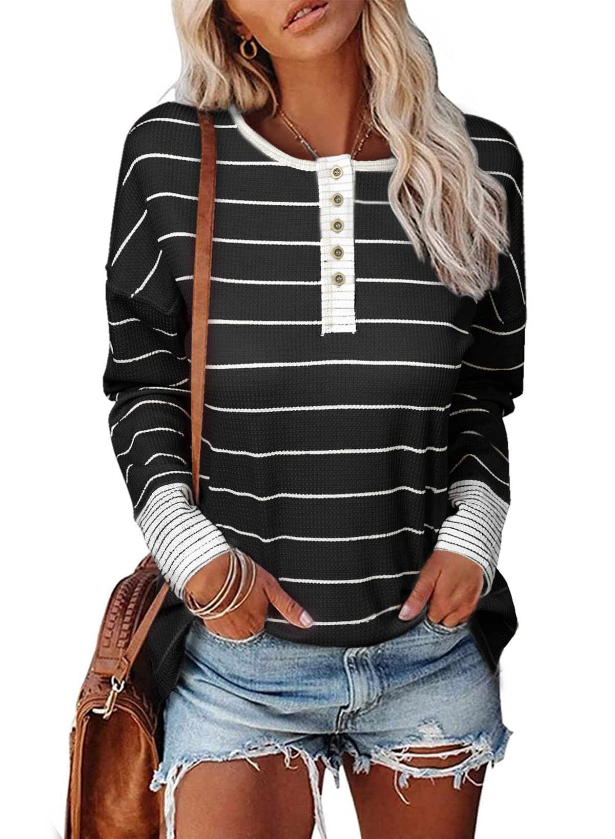EVALESS Women's Long Sleeve Striped Waffle Knit Button Up Tunic Shirt - Casual Fall Outfit for Work, Date Night & Weekend Brunch