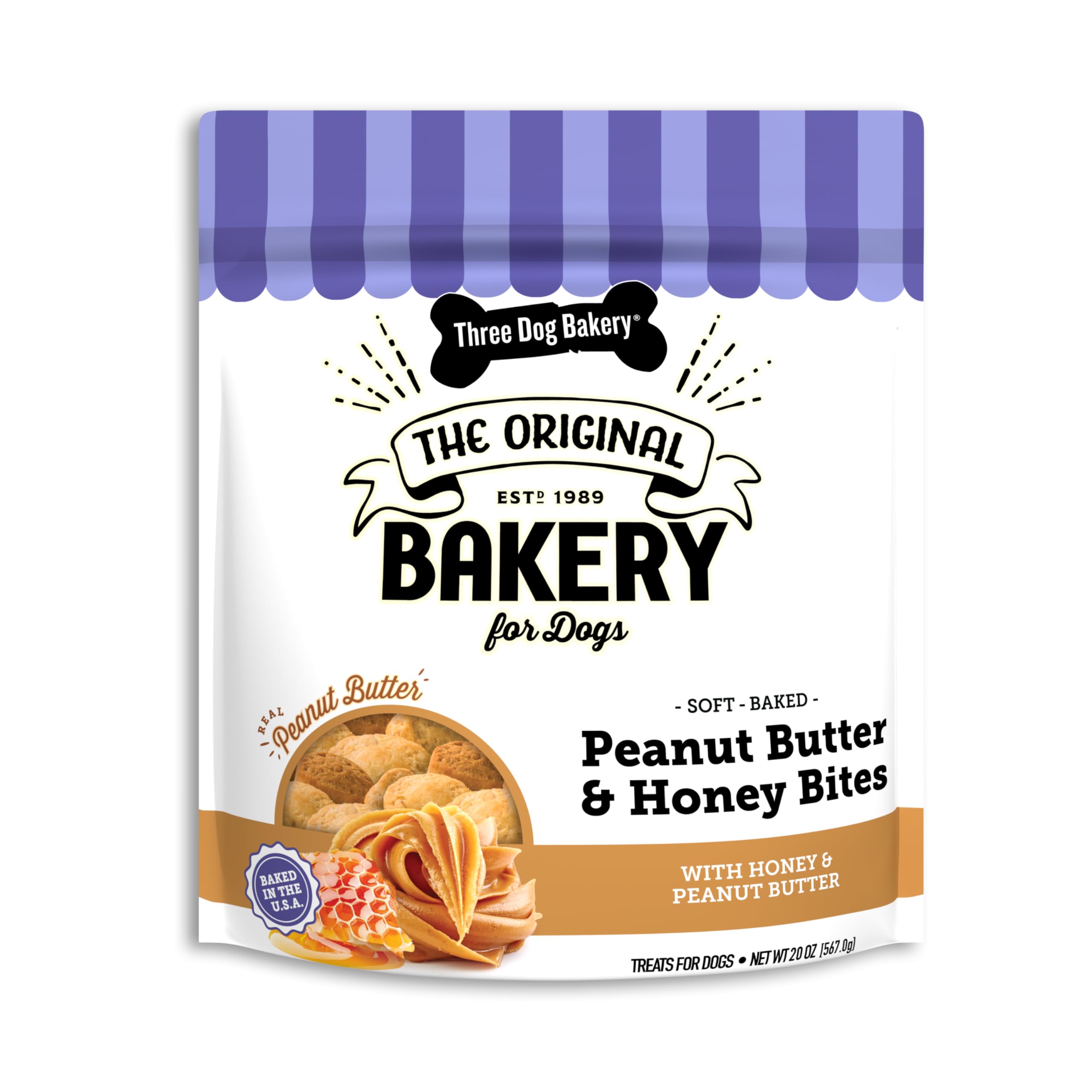 Three Dog Bakery Peanut Butter & Honey Bites - Healthy Dog Training Treats for Puppies & Adult Dogs, All-Natural Biscuit Snacks, Mess-Free Rewards for Obedience & Crate Training | Perfect for Home, Travel & Outdoor Adventures