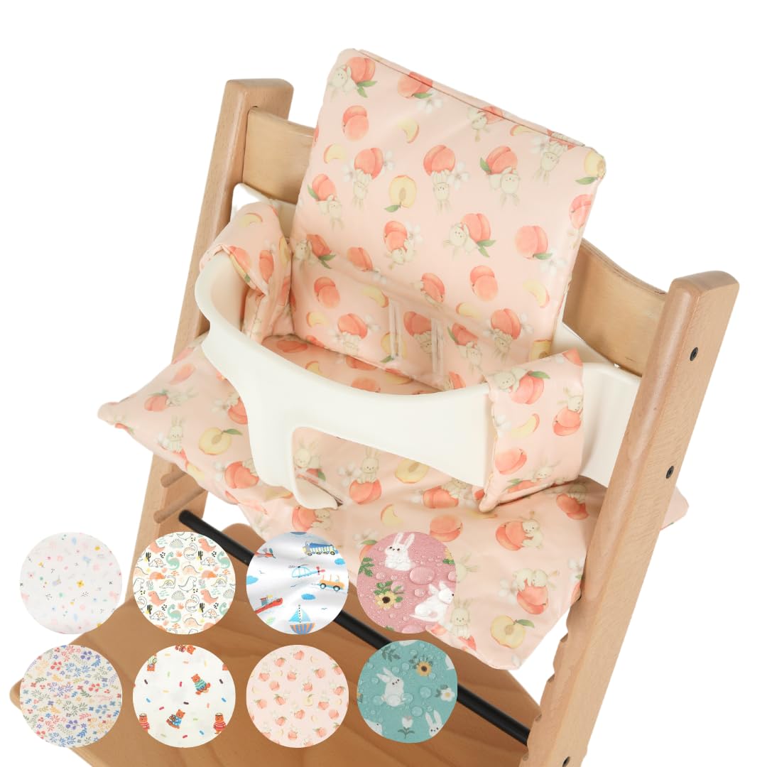 Waterproof Stokke Tripp Trapp High Chair Cushion Set - 100% Cotton, Easy to Clean, Made in Korea - Peach Bunny Design - Perfect for Baby Feeding & Nursery Comfort