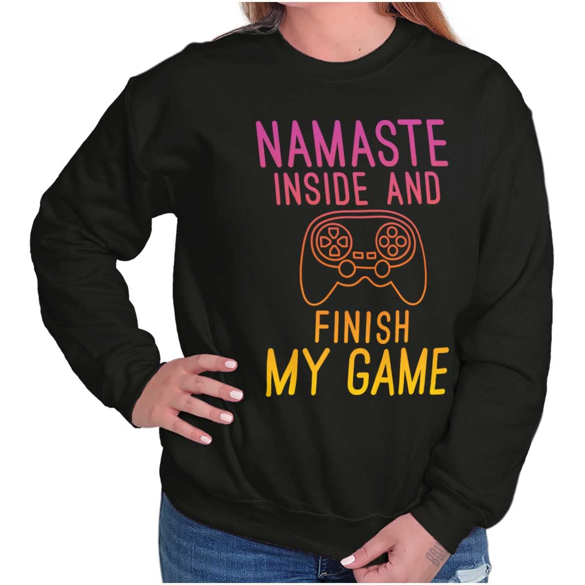 Gamer Namaste Inside Video Gaming Pun Women's Crewneck Sweatshirt | Funny Gaming Tee for Women | Perfect for Casual Wear, Gaming Sessions & Yoga Lovers