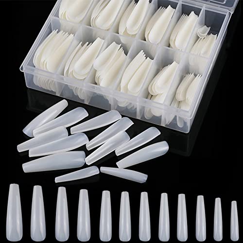 240PCS Coffin Press on Nails - Extra Long Ballerina Fake Nails Kit with 12 Sizes, Acrylic Full Cover Natural Nail Tips for Salon & DIY Manicure | Perfect for Parties, Weddings, and Special Occasions