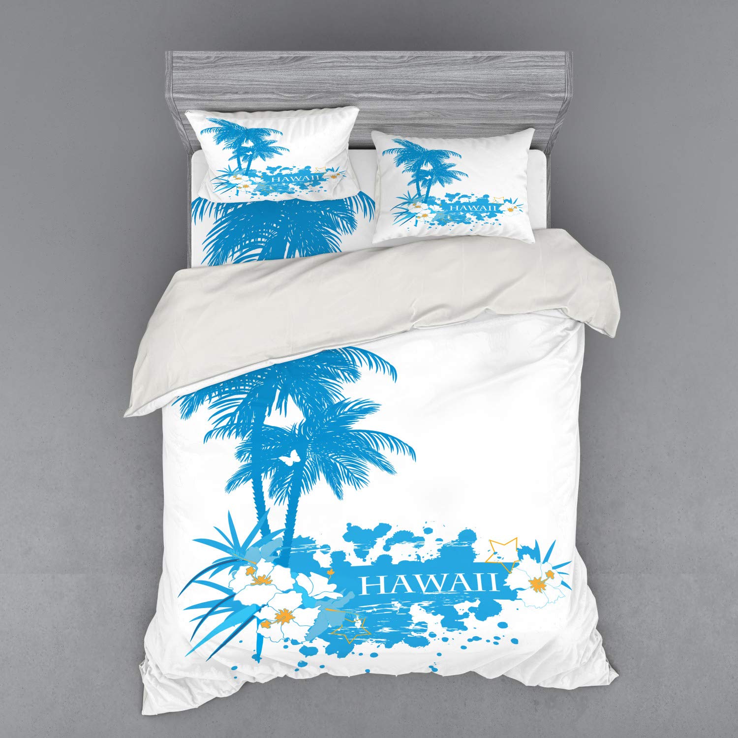Ambesonne Hawaiian Queen Size Bedding Set - 4 Piece Duvet Cover with Shams & Fitted Sheet, Tropical Palm Trees Flowers Butterflies Monochrome Artwork in Aqua White | Perfect for Beach House, Vacation Home & Tropical Themed Bedrooms
