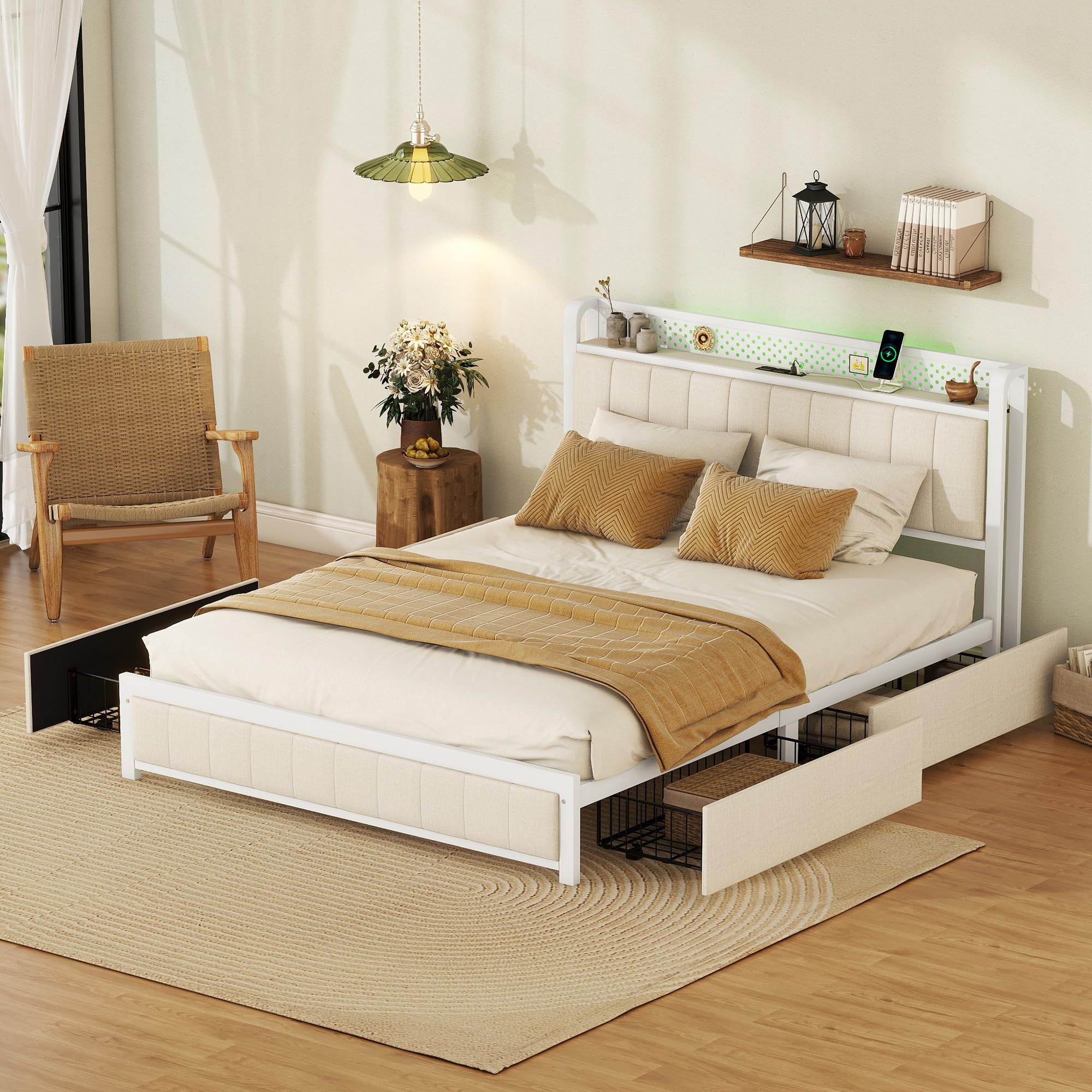 Harper & Bright Designs Queen LED Bed Frame with Storage Headboard - Upholstered Platform Bed with 4 Drawers, USB Charging Station & Noise-Free Metal Frame, Beige | Modern Bedroom Furniture for Small Spaces & Guest Rooms