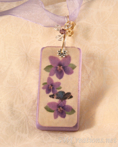 Violetto Purple Pansy Butterfly Domino Pendant Necklace - Elegant Floral Jewelry for Women - Perfect for Weddings, Parties & Special Occasions