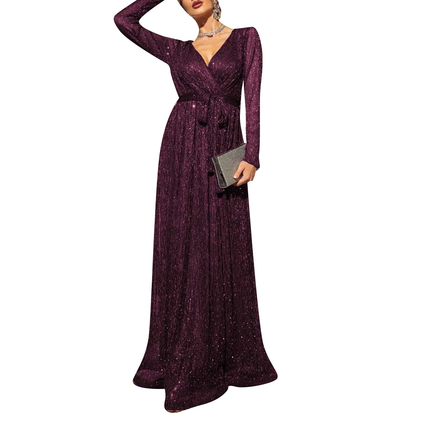 Elegant Sequin Formal Dress for Wedding Guest, Evening Cocktail Party - Long Pleated Gown with Belt in Pink | Perfect for Bridesmaid, Prom, Gala & Special Occasions