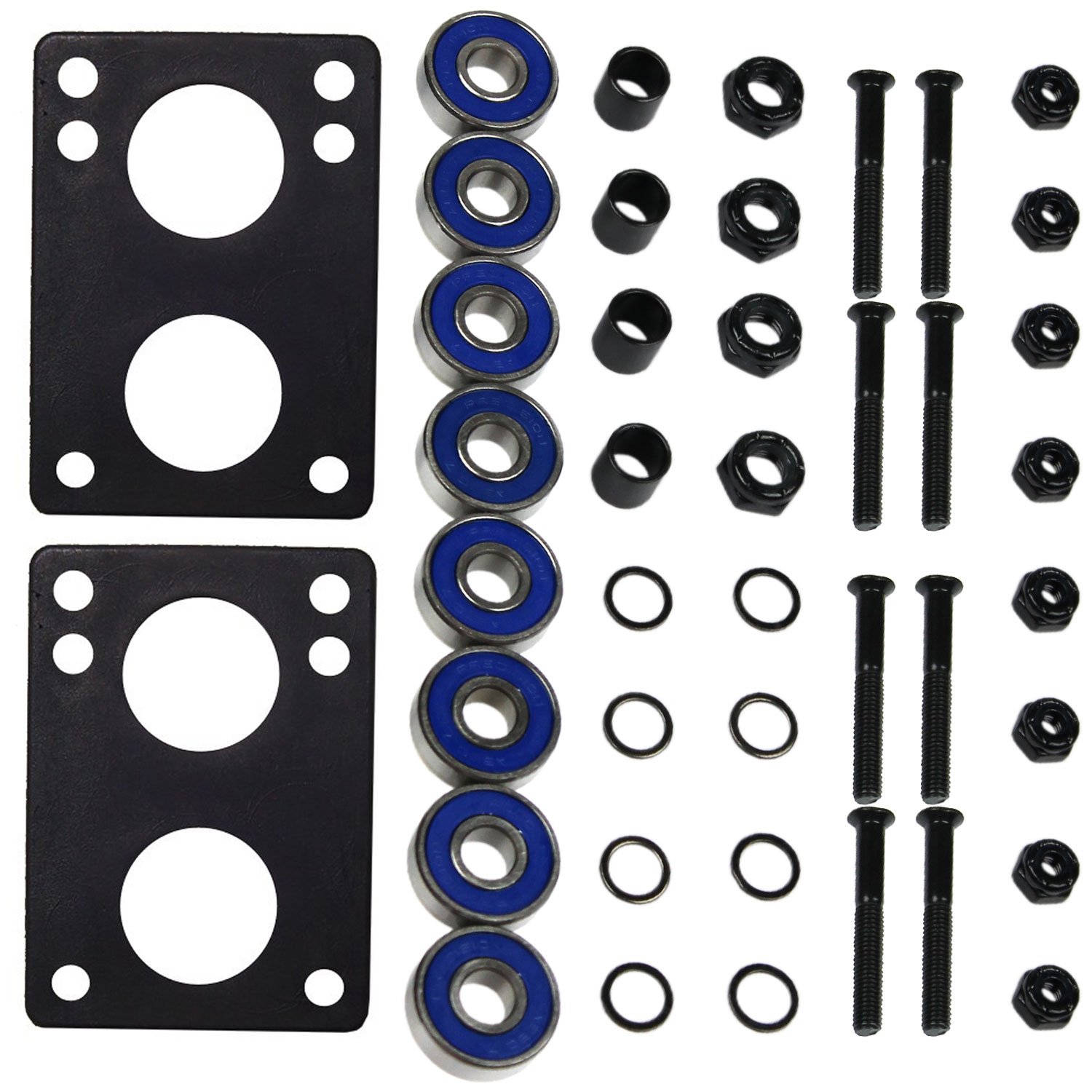 Premium Skateboard & Longboard Hardware Kit - High-Speed Precision Bearings, Shock Pads, Mounting Bolts, Axle Nuts, Spacers & Washers for Smooth Riding | Complete Maintenance & Upgrade Solution for Street, Park & Cruising