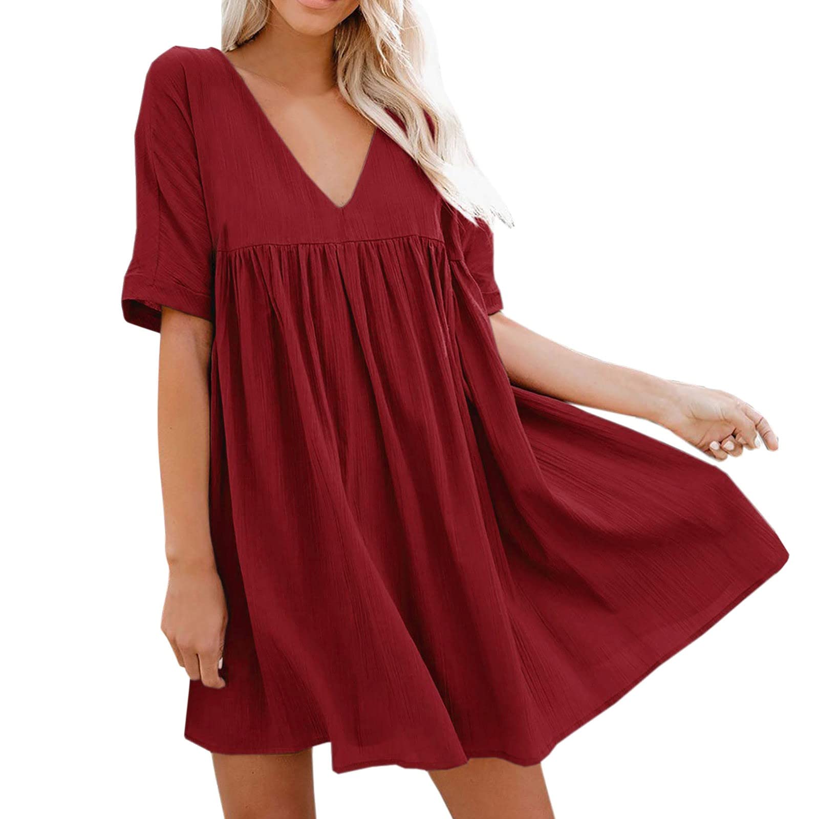 Women's Spring Casual Dress 2023 - Solid Color V-Neck Short Sleeve Loose Fit Flowy Holiday Dress | Perfect for Beach Vacation, Summer Outings & Casual Wear