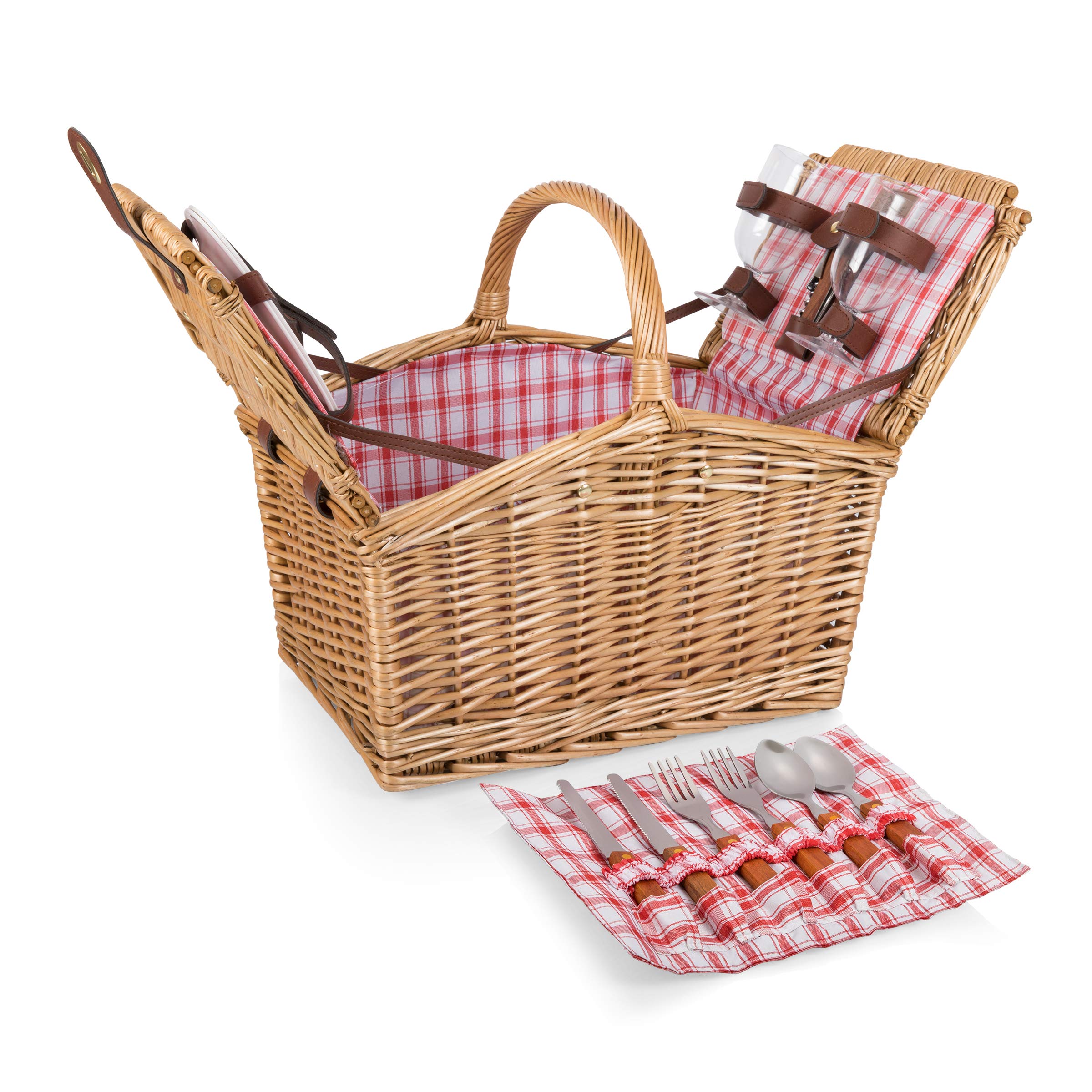 Romantic Picnic Basket for 2 - Red & White Plaid Piccadilly Picnic Set with Utensils, Wine Glasses, Plates & Opener | Perfect for Outdoor Dates, Beach Picnics & Anniversary Gifts
