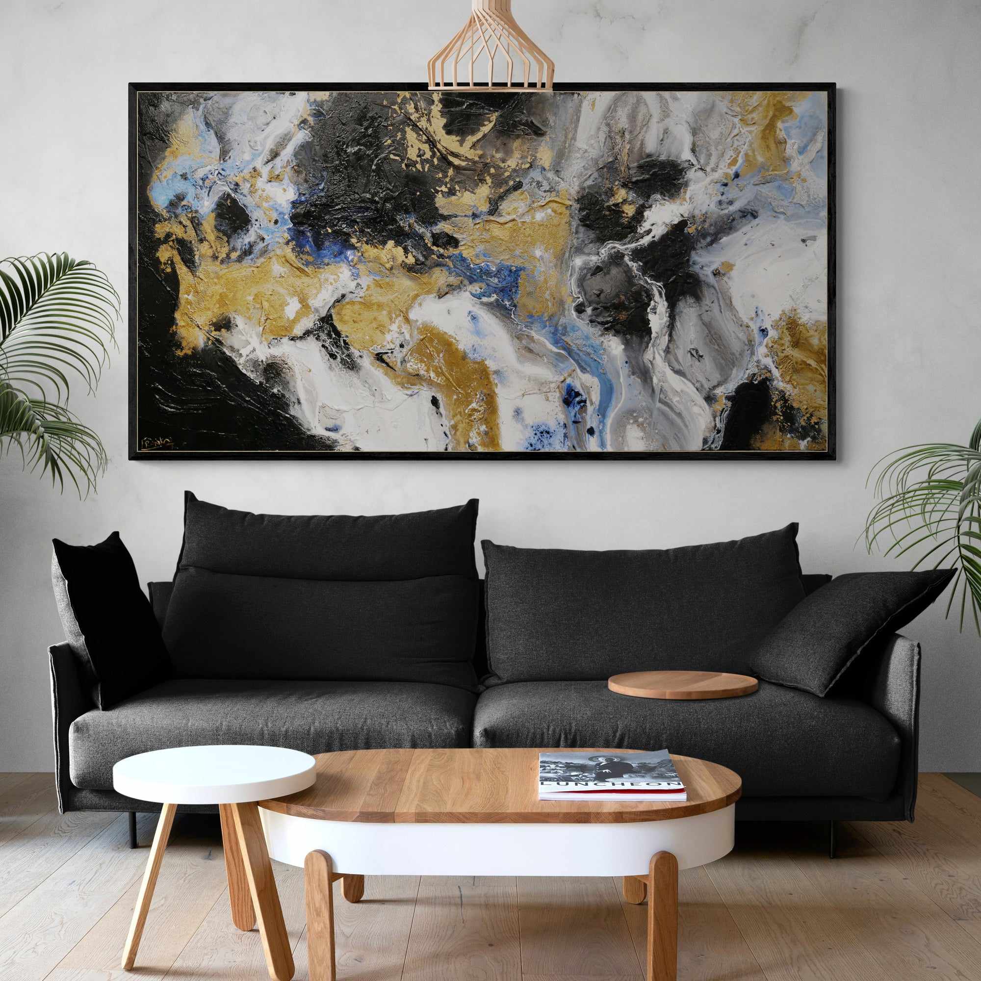 Golden Potion 190cm x 100cm Paynes Grey Gold Black Textured Abstract Canvas Art - Modern Wall Decor for Living Room, Bedroom & Office