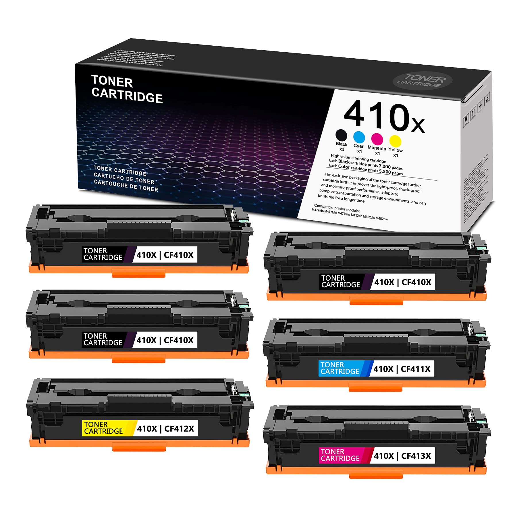 6 Pack 410X Toner Cartridge - Compatible with HP Pro MFP M477fdn/M477fdw/M477fnw/M452nw/M452dn/M452dw Printers (3BK+1C+1M+1Y) | Replacement for CF410X/CF411X/CF412X/CF413X | High-Yield Printing for Office & Home Use