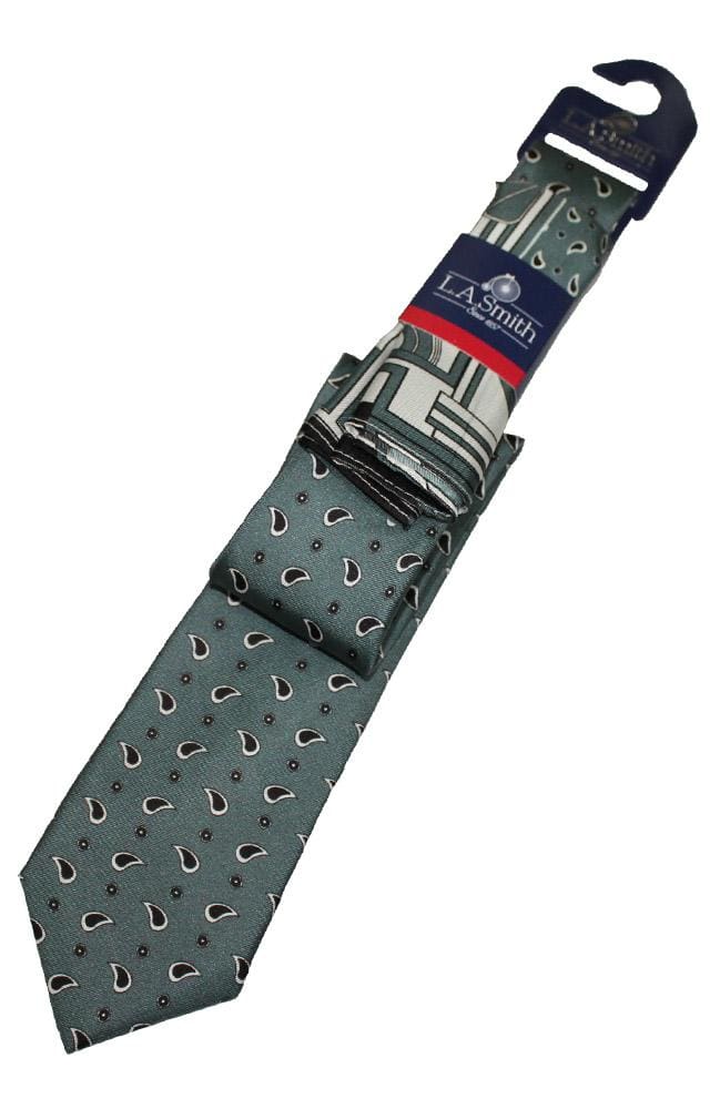 L.A. Smith Art Deco Black & Grey Silk Tie & Pocket Square Set - Premium Men's Formal Accessories for Weddings, Business & Special Occasions