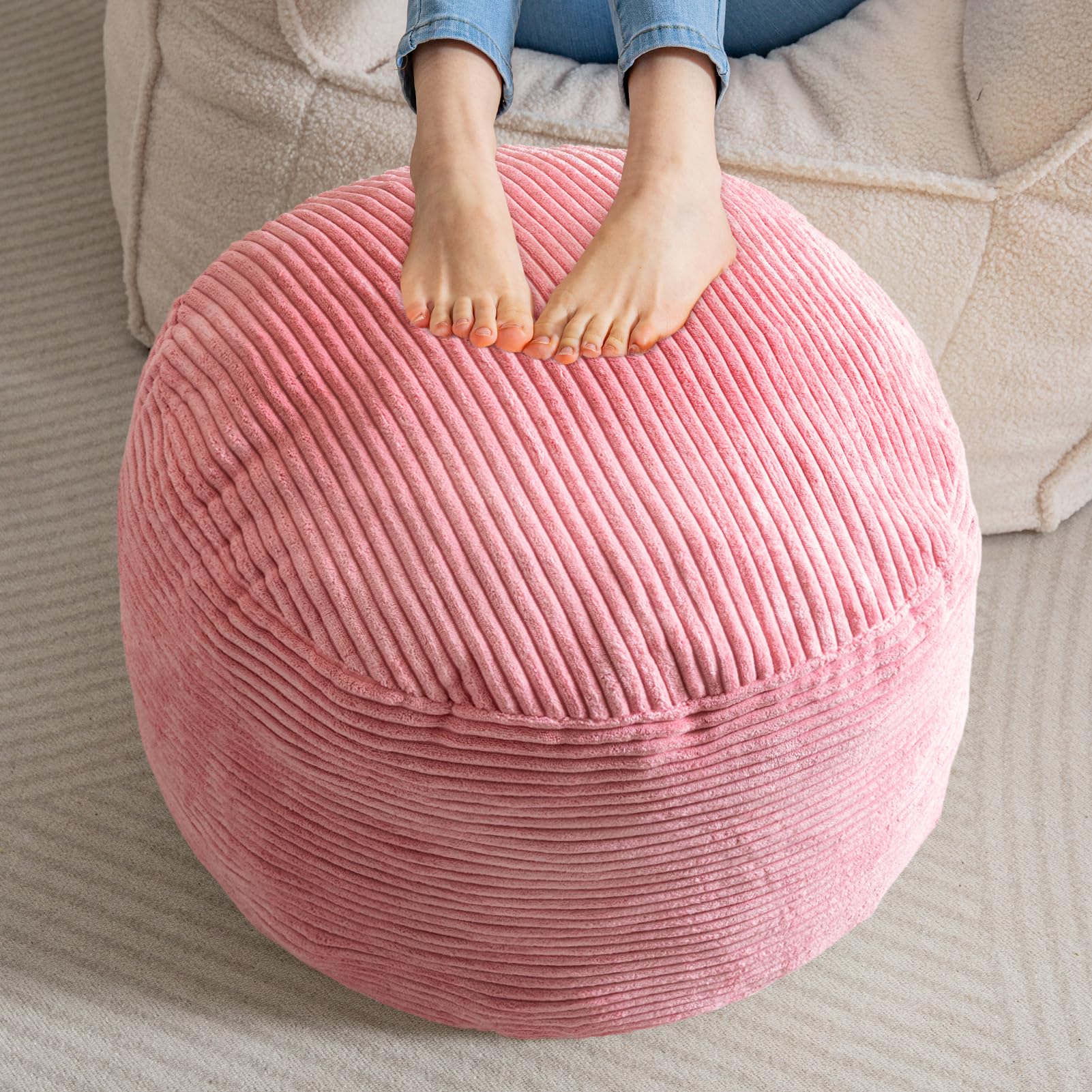 MAXYOYO Round Stuffed Pouf Ottoman - 20 x 15 Inch Corduroy Footrest with Foam Chunk Filling, Pink | Perfect for Living Room, Bedroom & Nursery Decor