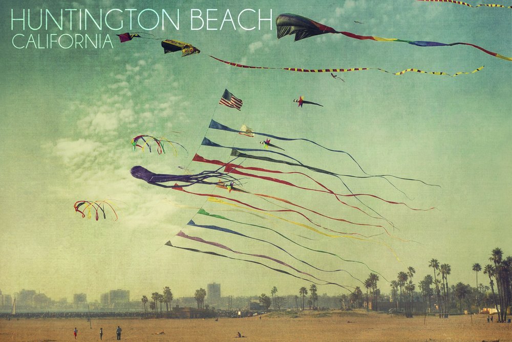 Huntington Beach California Kites and Beach Art Print - 12x18 Travel Poster Wall Decor for Living Room, Office, or Coastal Home Decor