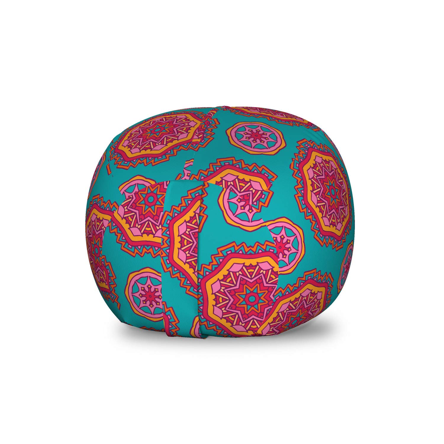 Ambesonne Ethnic Toy Storage Bag Chair - Oriental Cosmos Paisley Ottoman Design, Washable Stuffed Animal Organizer, Small Size in Teal Orange & Magenta - Perfect for Kids' Room, Nursery, and Playroom Organization