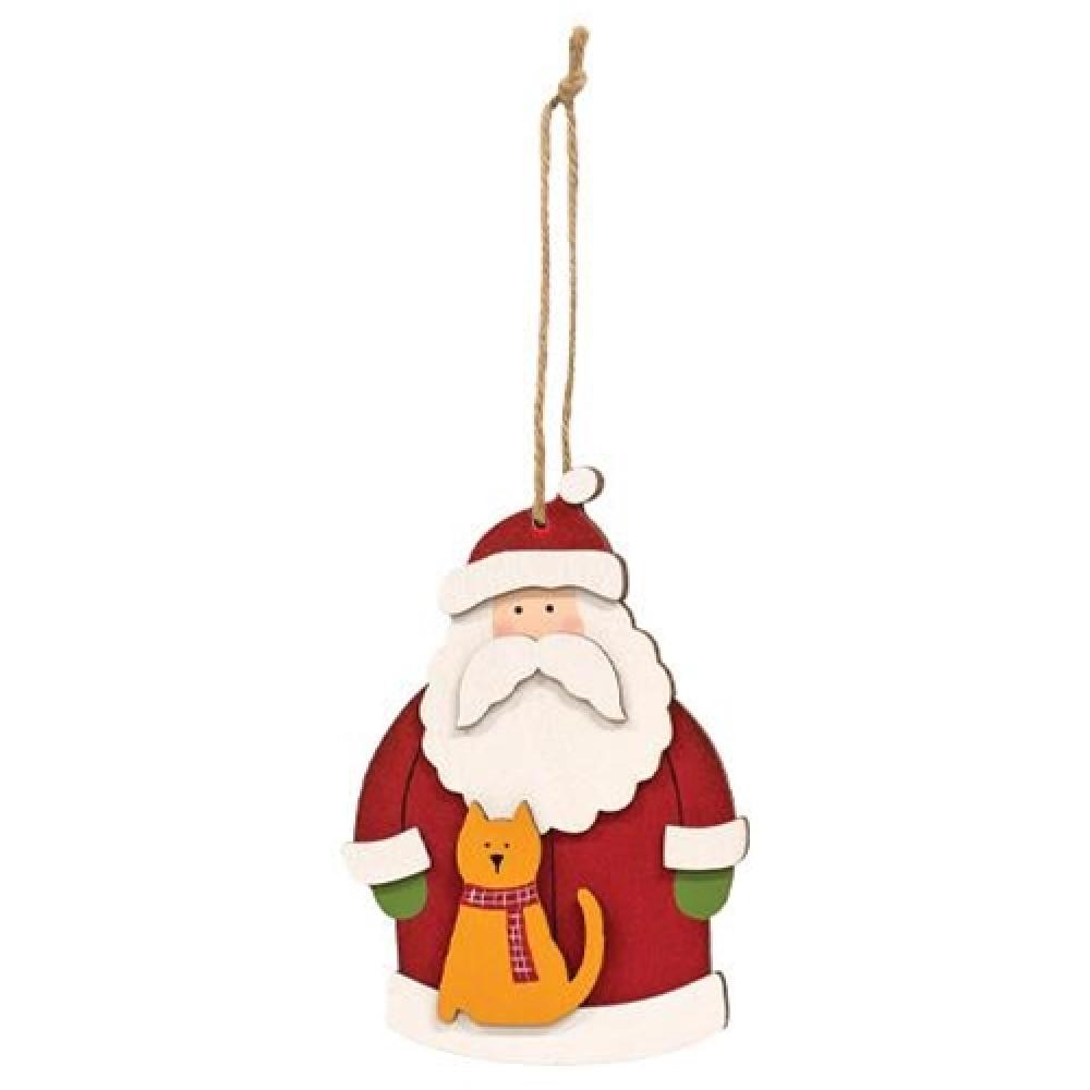 Santa with Cat Wooden Christmas Ornament - Handmade Holiday Decoration for Tree, Gift, and Home Decor