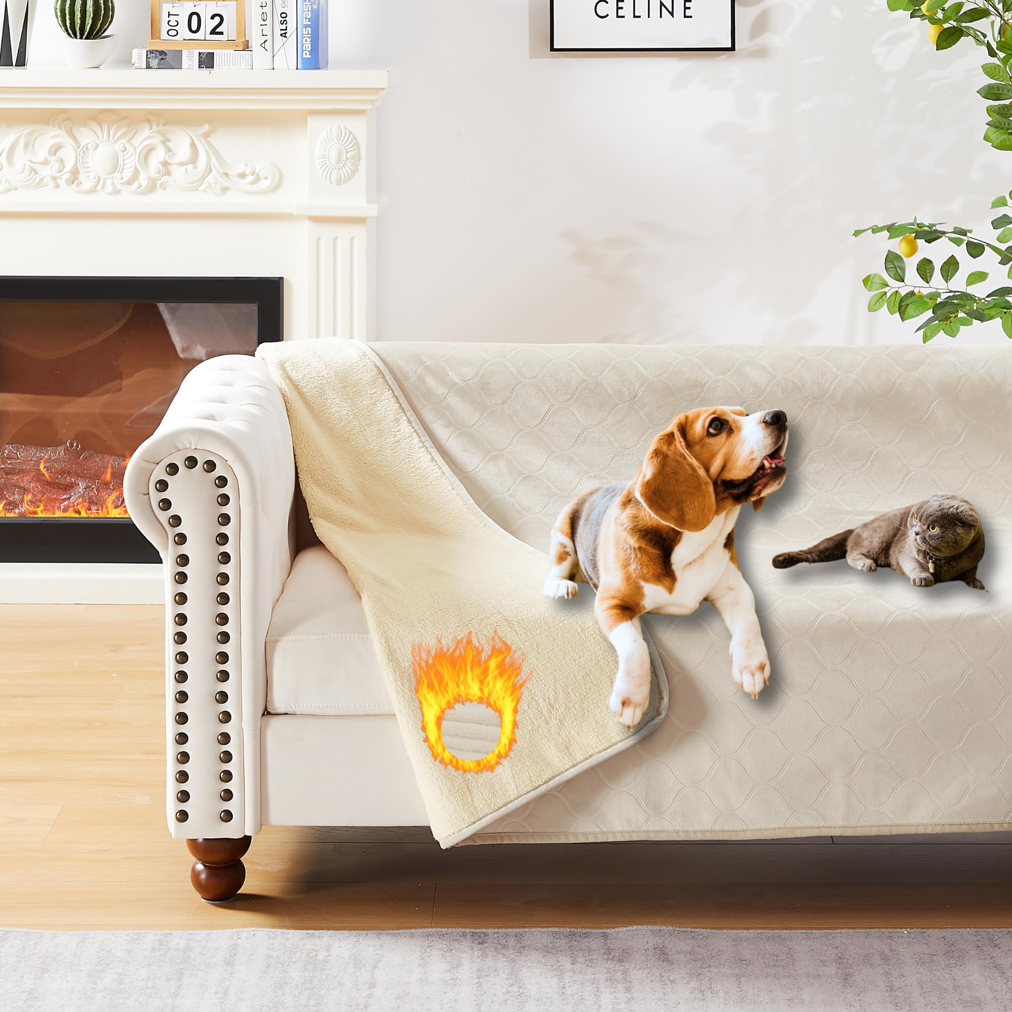 LPMOERA Reversible Waterproof Couch Cover for Dogs & Cats - Soft Plush Washable Furniture Protector Slipcover for Sofa, Bed, Couch (52x82 Inches, Beige) - Perfect for Pet Owners & Home Decor Protection