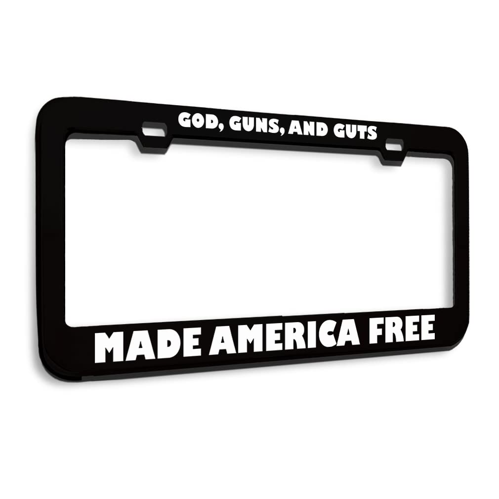 Patriotic Metal License Plate Frame - God Guns Guts Made America Free - Car Accessories for American Pride