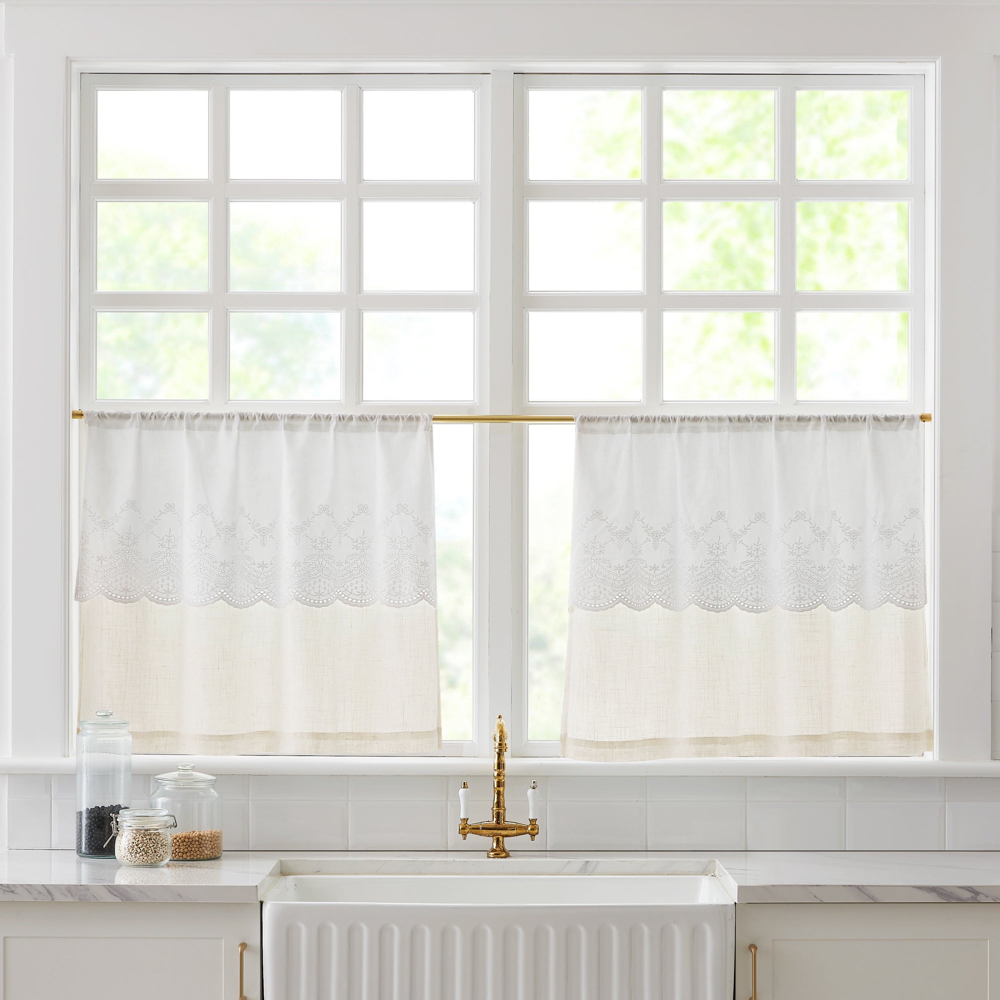 Brigitte Embroidery Eyelet Scalloped Edge Kitchen Curtains - Elegant Window Treatments for Farmhouse, Cottage & Vintage Style Homes