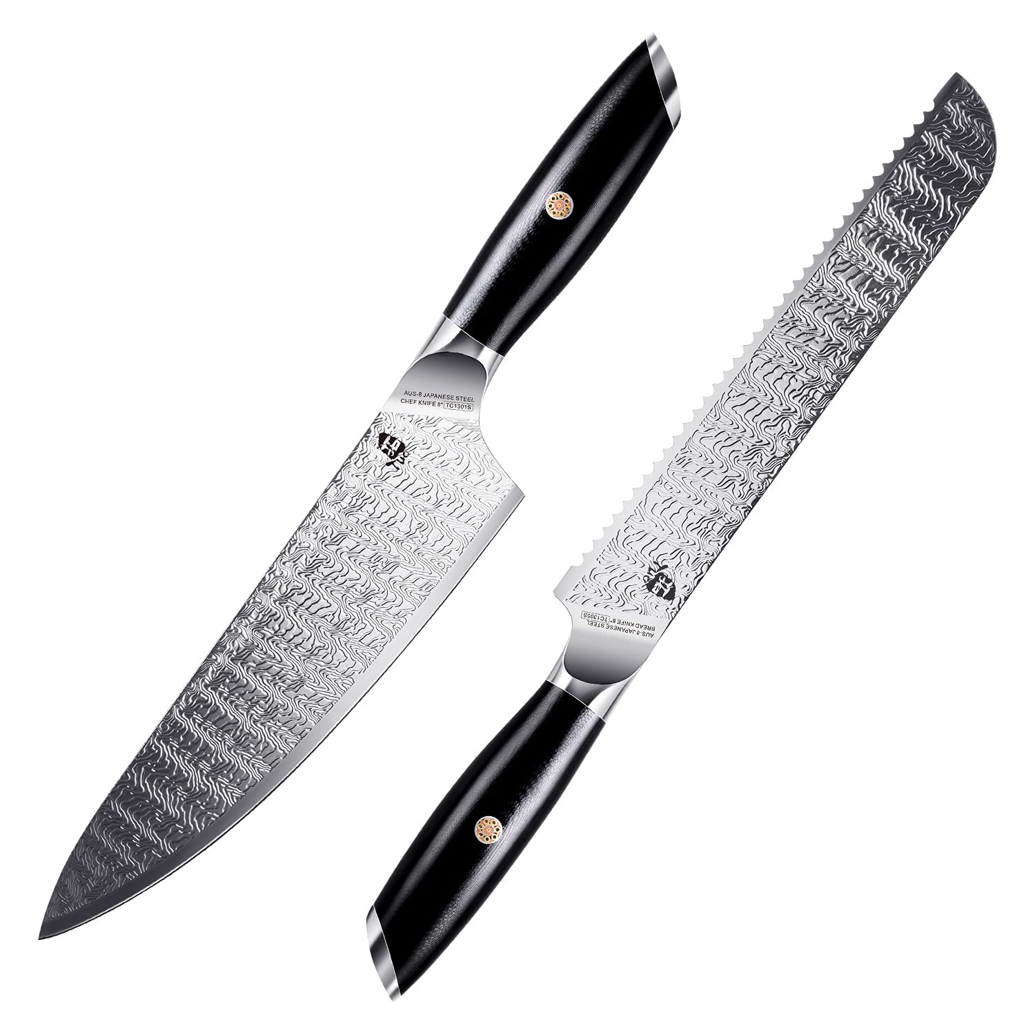 TUO Falcon S Series 8-Inch Chef Knife & 8-Inch Pro Serrated Bread Knife Set - Forged AUS-8 Japanese Stainless Steel with Ergonomic G10 Handle - Perfect for Slicing Bread, Meat, and Vegetables - Includes Gift Box for Gifting