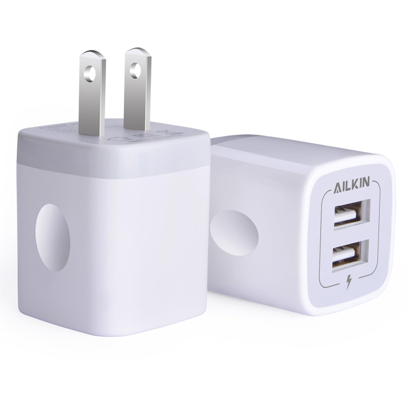 AILKIN 2-Pack 2.1A Dual Port USB Wall Charger - Fast Charging Block for iPhone 15/14/13/12/11 Pro Max/X/8/7 Plus & Samsung Galaxy S23/S22 - Compact Travel Charger Adapter for Home, Office & Car Use