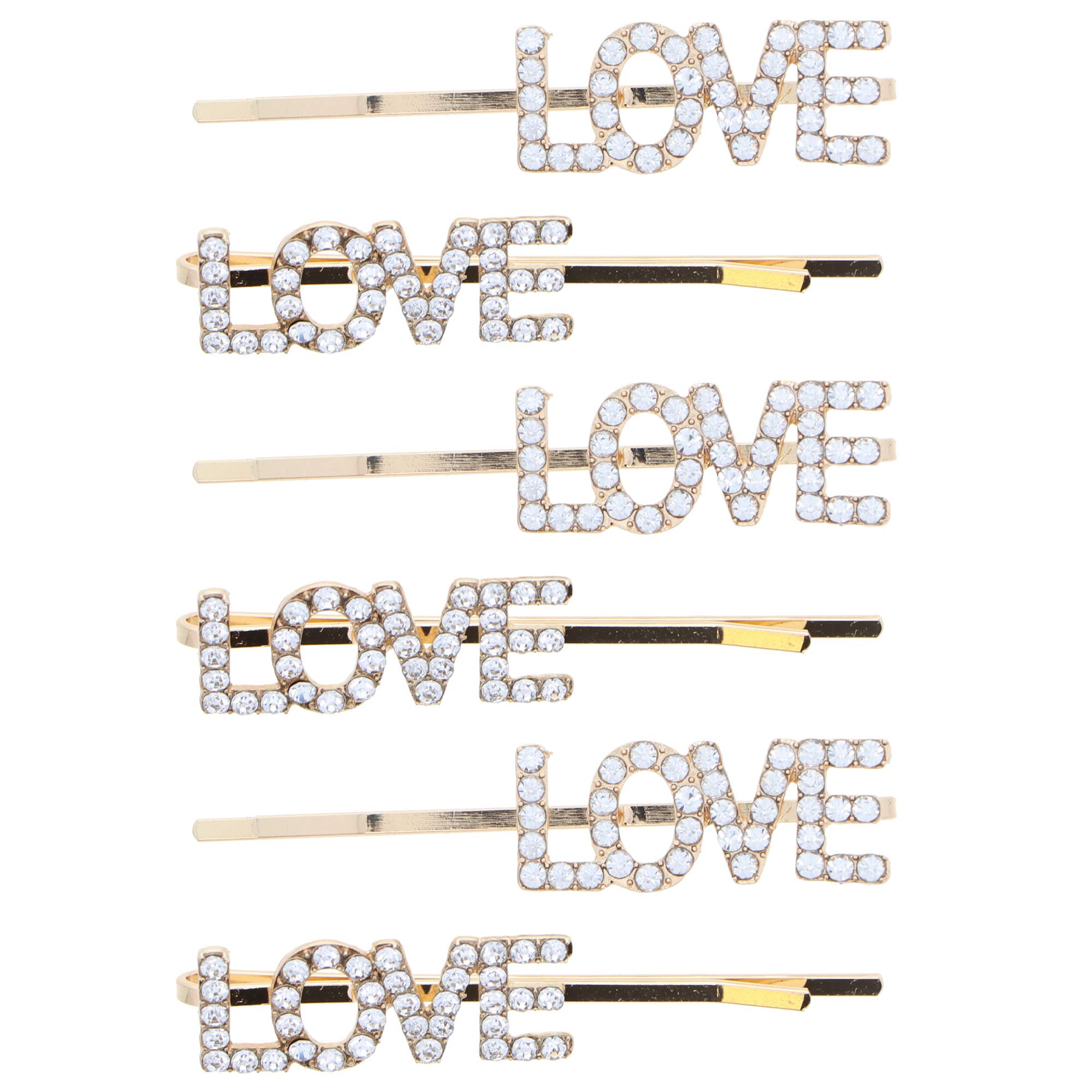 LOVE Rhinestone Bobby Pin Hair Clip Set - 3 Gold Hairpins for Weddings, Parties & Everyday Elegance