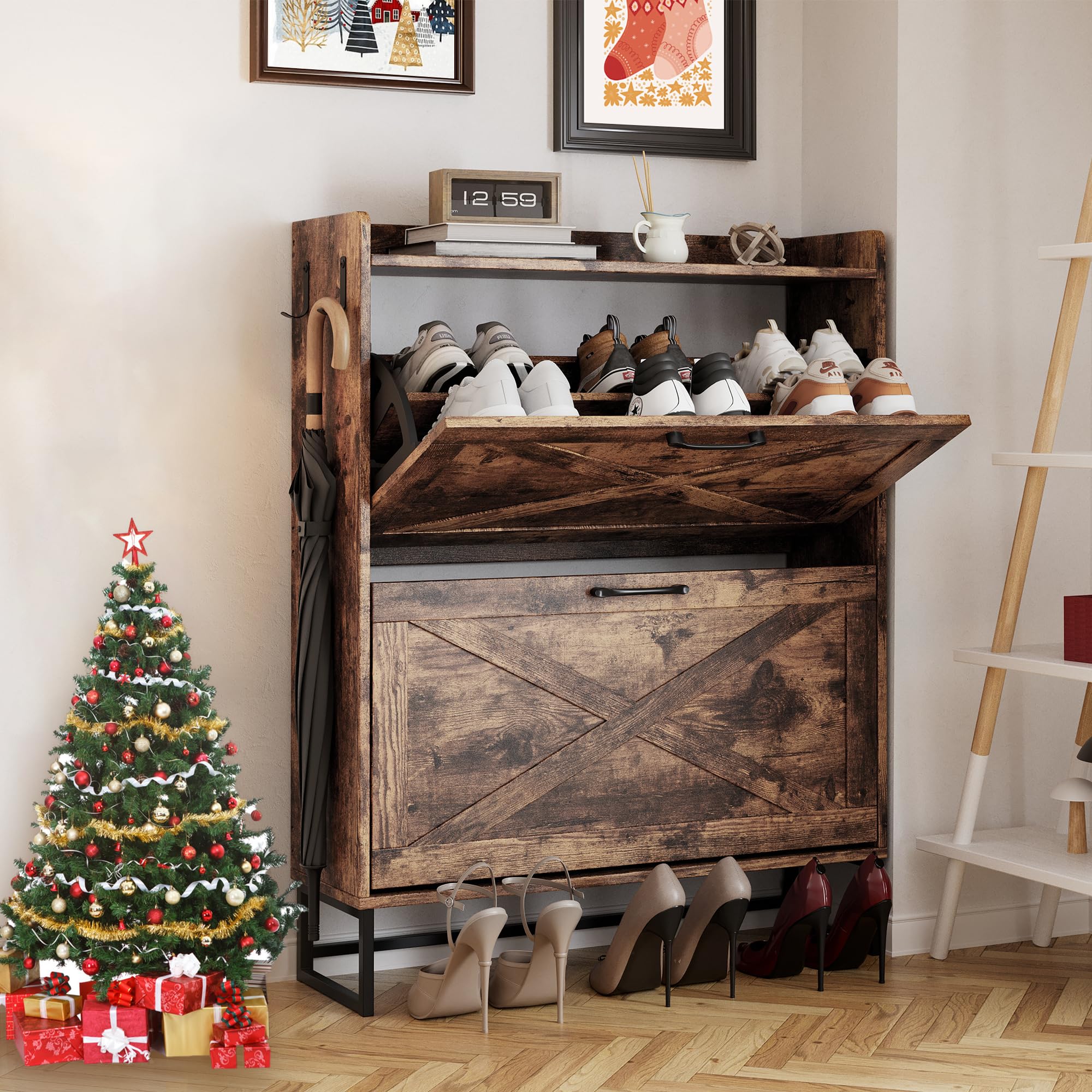 Hidden Shoe Storage Cabinet with 2 Rattan Flip Drawers & Adjustable Shelves - Entryway Shoe Organizer for Hallway, Closet | Space-Saving Shoe Rack for Small Apartments & Mudrooms