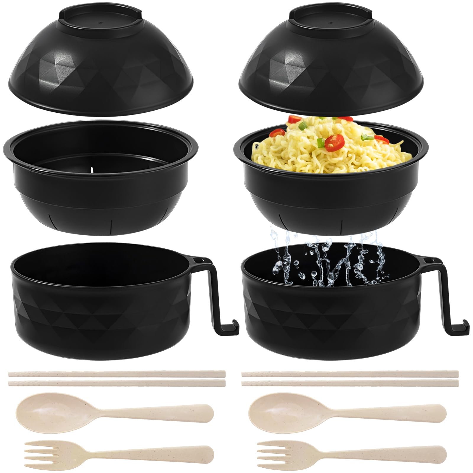 2-Pack 33oz Microwave Safe Ramen Bowl Set with Chopsticks, Spoon & Fork - Instant Noodle Cooker with Handles for Quick Meals - Perfect for College Dorm, Office Lunch & Camping Essentials
