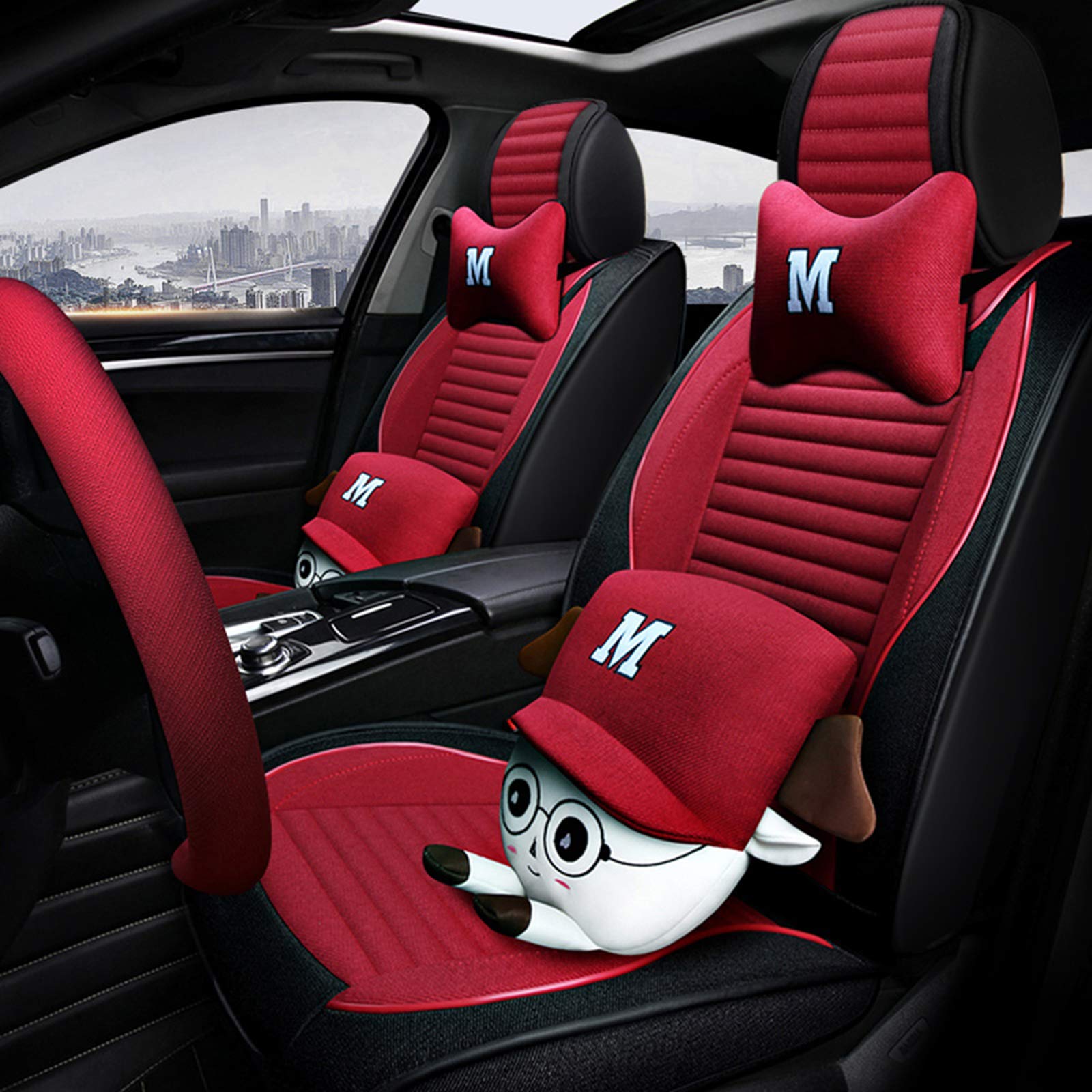 Breathable Linen Car Seat Covers Full Set - Universal Fit for Sedan, SUV & Truck (5 Seats) | 4 Seasons Use & Airbag Compatible | Red Color | Perfect for Daily Commute, Road Trips & Family Outings