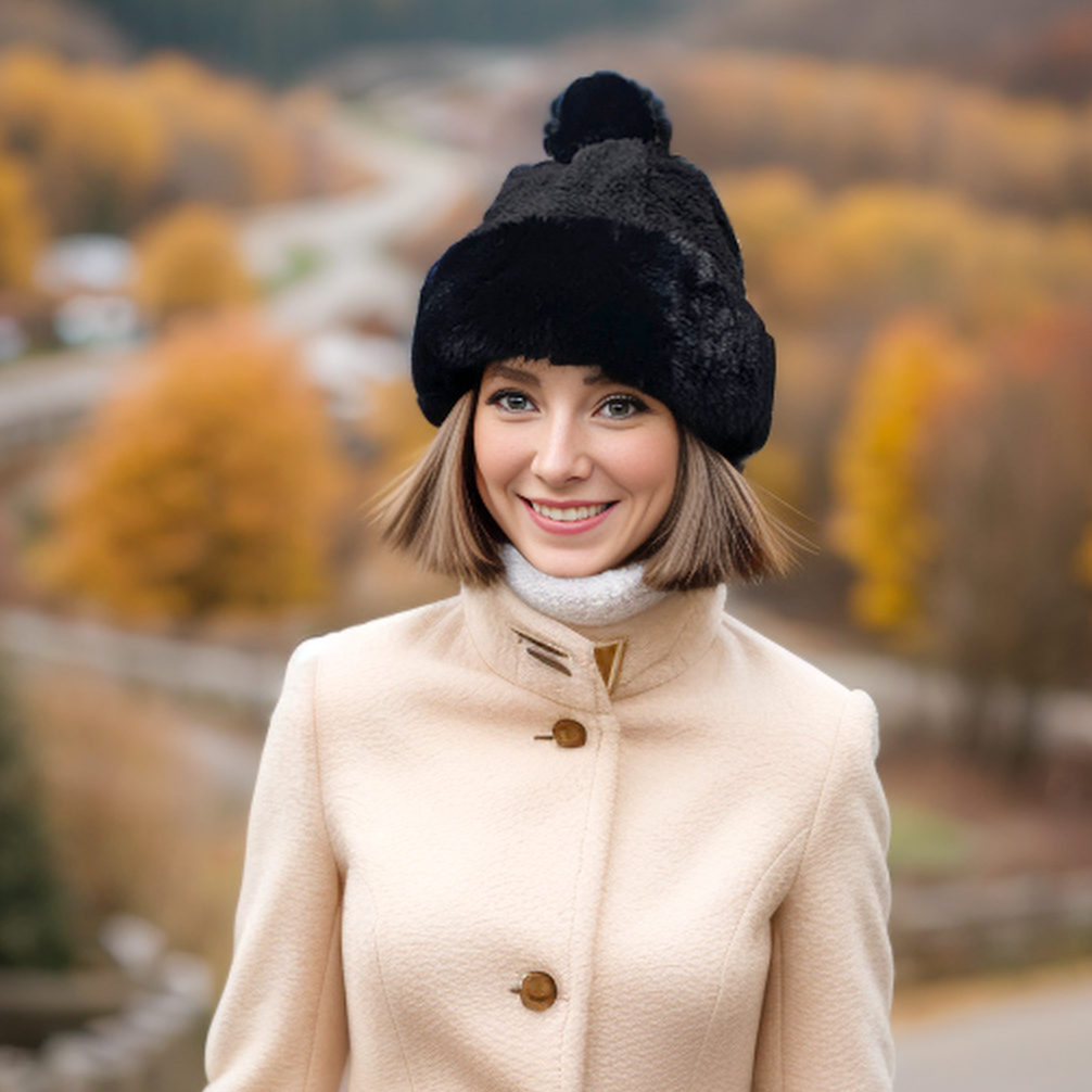 Faux Fur Bobble Hat for Women - Soft Winter Beanie with Pom Pom - Black Warm Knit Hat for Cold Weather - Perfect for Outdoor Activities & Fashion