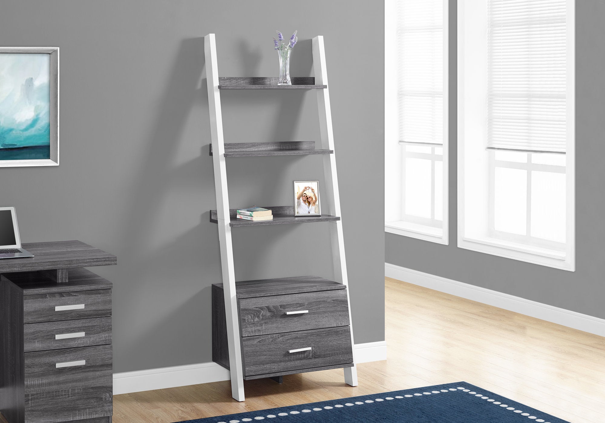 Modern 69-Inch Tall Grey & White Ladder Bookcase with 2 Storage Drawers - Space-Saving Bookshelf for Living Room, Bedroom or Home Office