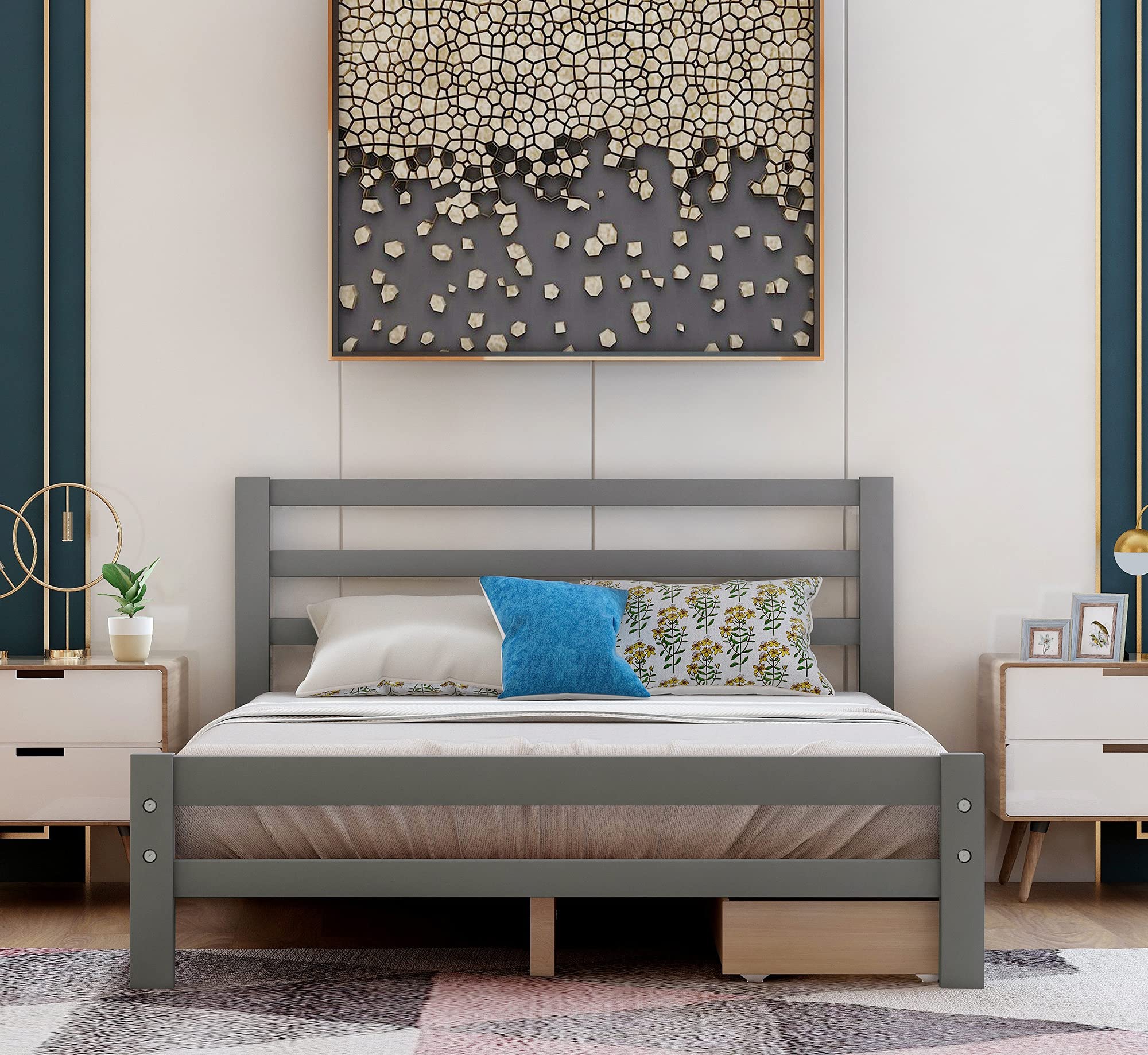Solid Wood Full Size Platform Bed Frame with Storage Drawers - Heavy Duty Grey Bed for Adults - Perfect for Small Bedrooms & Guest Rooms