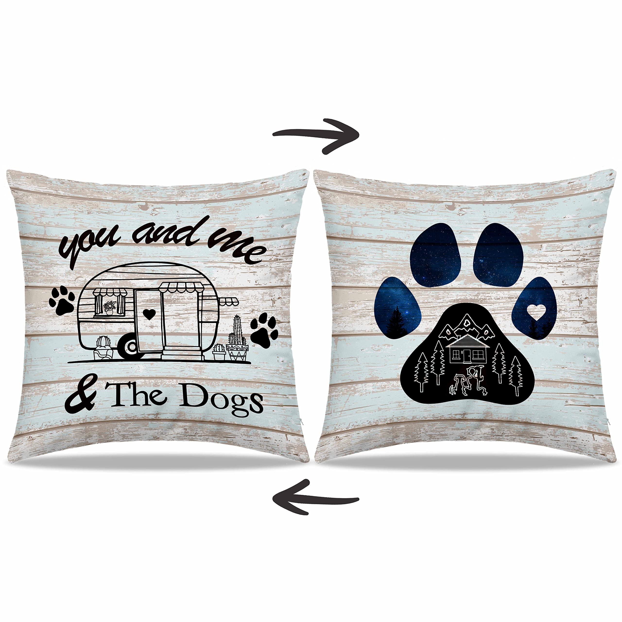 Reversible Camping Pillow Cover 18x18 - Gift for Dog Lovers & Campers, Perfect for RV & Sofa Bed Decor