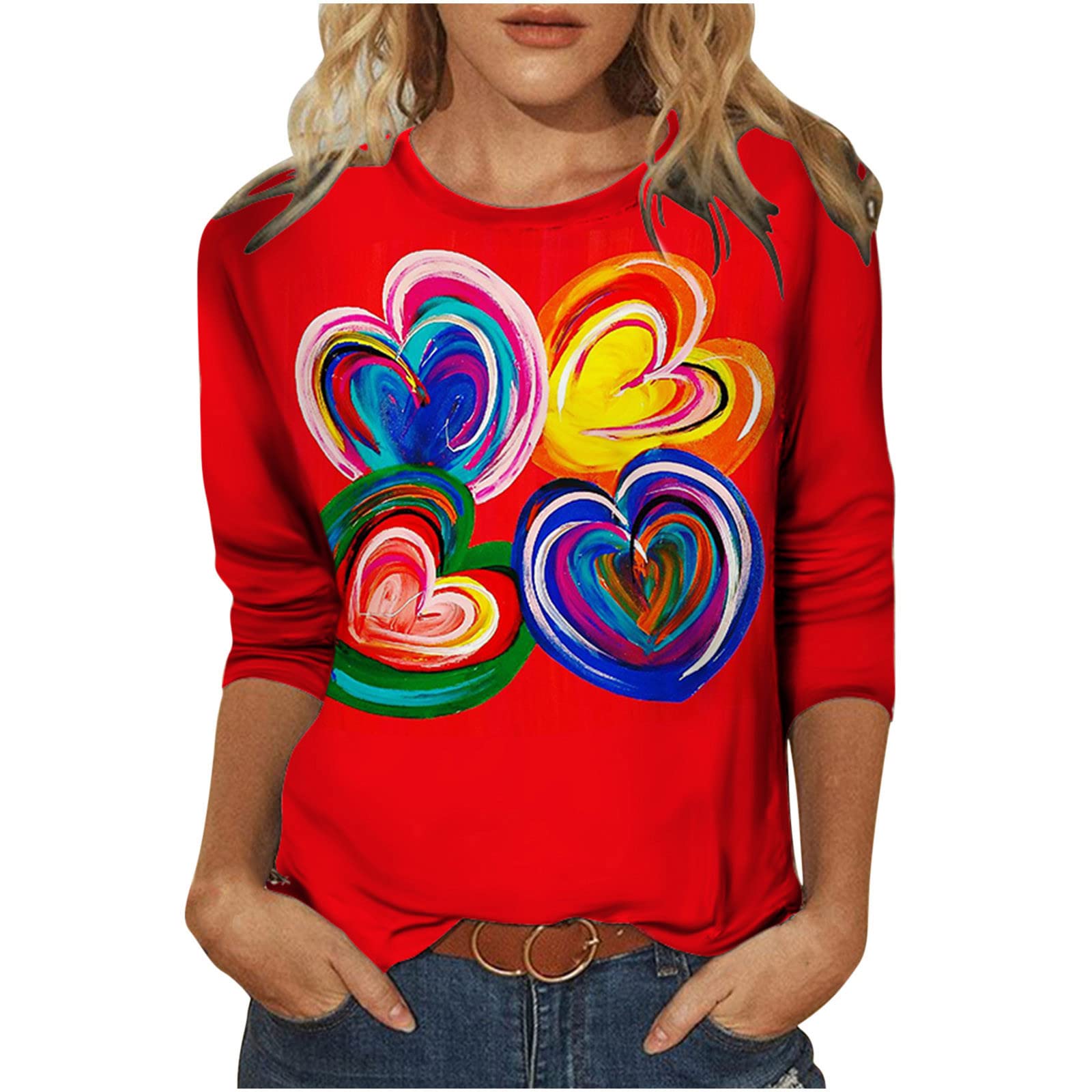 Women's Casual Long Sleeve 3D Heart Print Sweatshirt - Cute Round Neck Blouse Top for Everyday Wear, Date Night & Fall Fashion