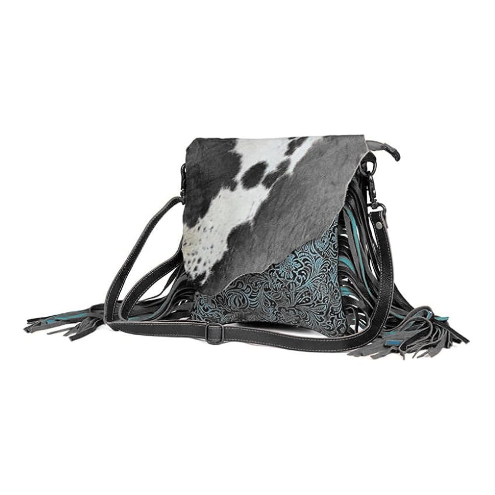 Myra Blue Cow Print Leather Fringe Bag - Conceal Carry for Outdoors