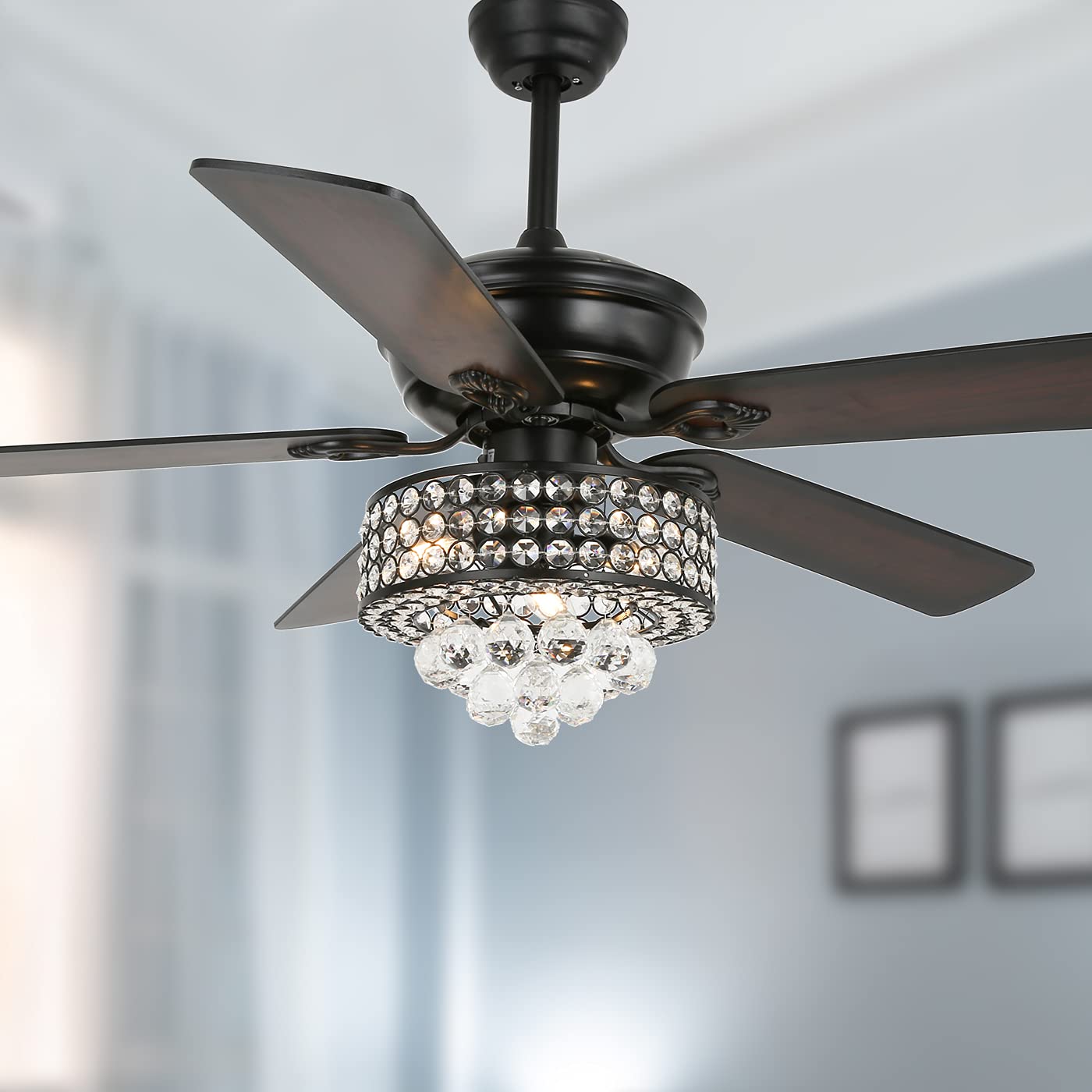 YYEHON 52 Inch Crystal Chandelier Ceiling Fan with LED Lights & Remote Control - Industrial Style Dual Finish Reversible Blades - Perfect for Living Room, Dining Room, Bedroom & Family Room (Black) | Elegant Lighting & Cooling Solution for Home Decor