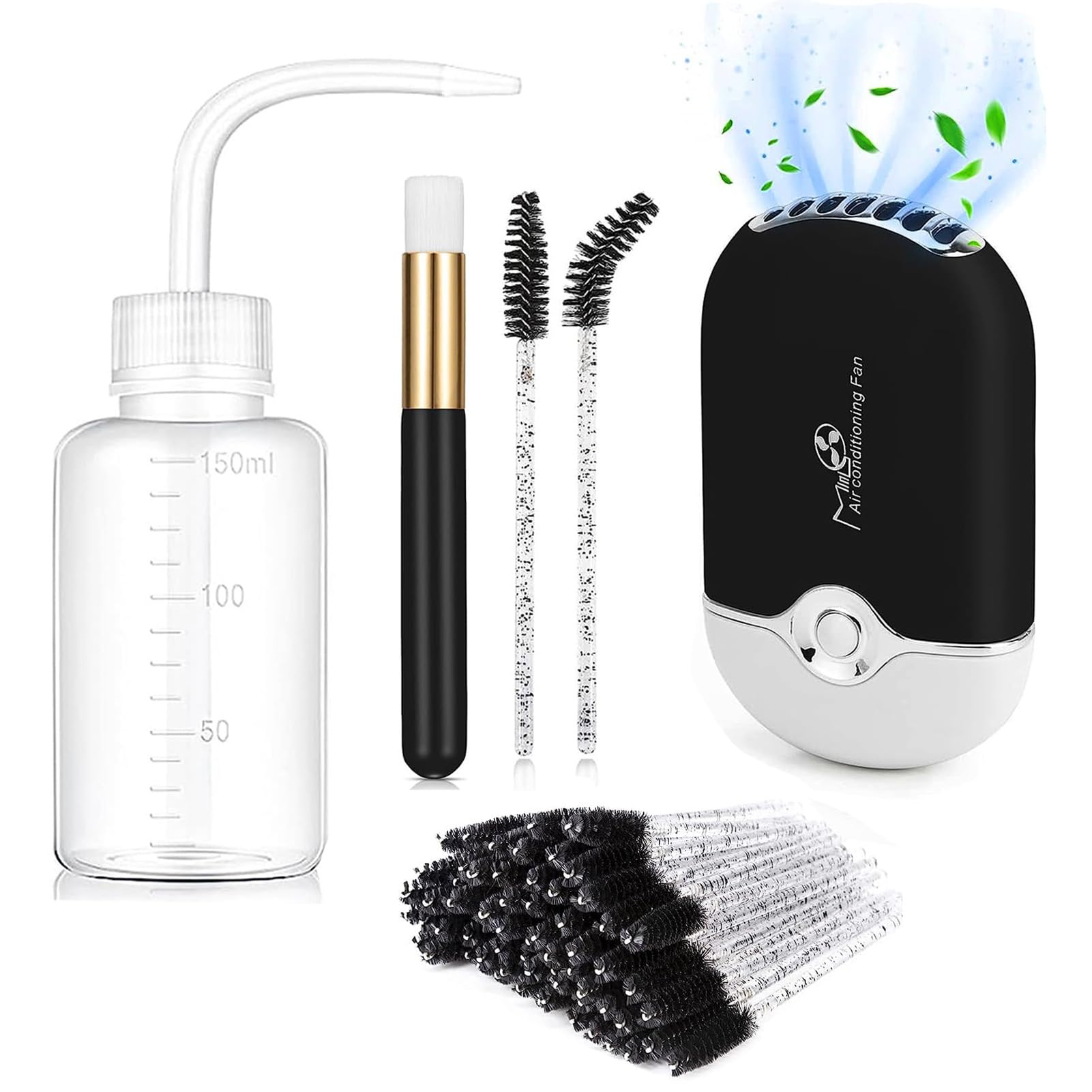 Professional Eyelash Extension Cleaning Kit - Mini Portable Lash Fan, 50 Shampoo Brushes, Blackhead Cleanser & Wash Bottle - Perfect for Lash Extensions & Facial Care at Home or Salon Use