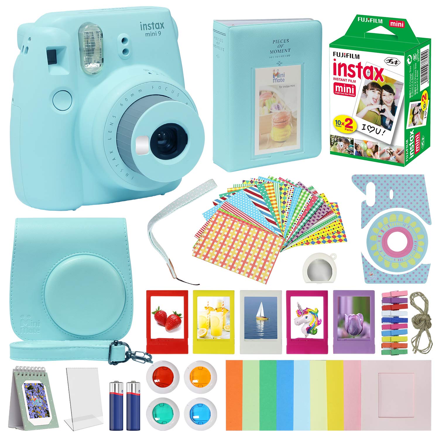 Fujifilm Instax Mini 9 Instant Camera Kit in Ice Blue - Includes 20-Pack Film, Carrying Case with Strap, Photo Album, Decorative Frames & Lenses - Perfect for Kids Birthday Gifts, Travel Photography & Party Favors