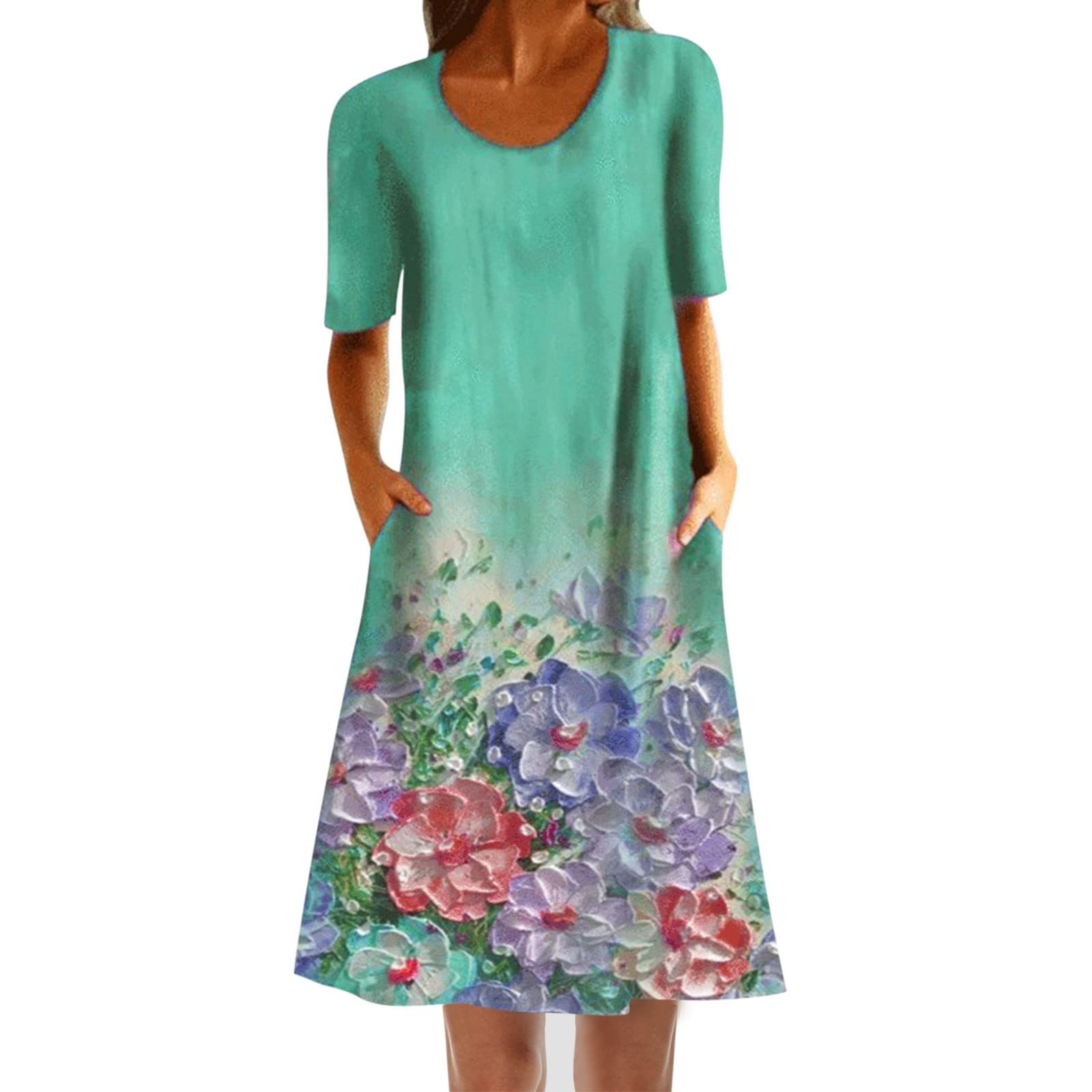 Boho Floral Print Women's Casual Dress - Loose Round Neck Short Sleeve Summer Dress with Pockets | Perfect for Beach Vacation, Outdoor Picnics & Summer Parties