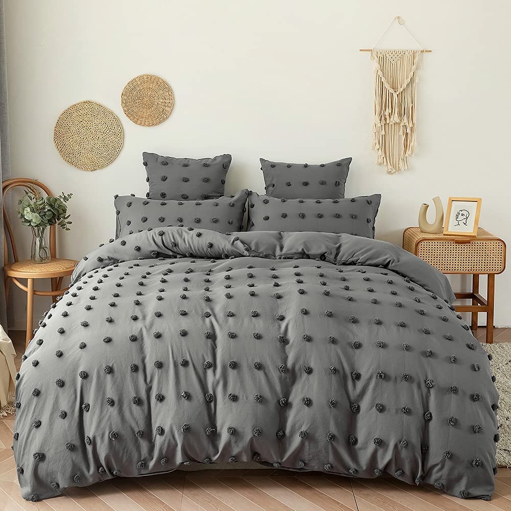 Boho Tufted Duvet Cover Set - 2 Piece Twin Size Soft Bedding with Pom Pom Trim, 1 Zipper Closure Comforter Cover + 1 Pillowcase (Grey) - Cozy Bedroom Decor for Teens, Dorms & Guest Rooms