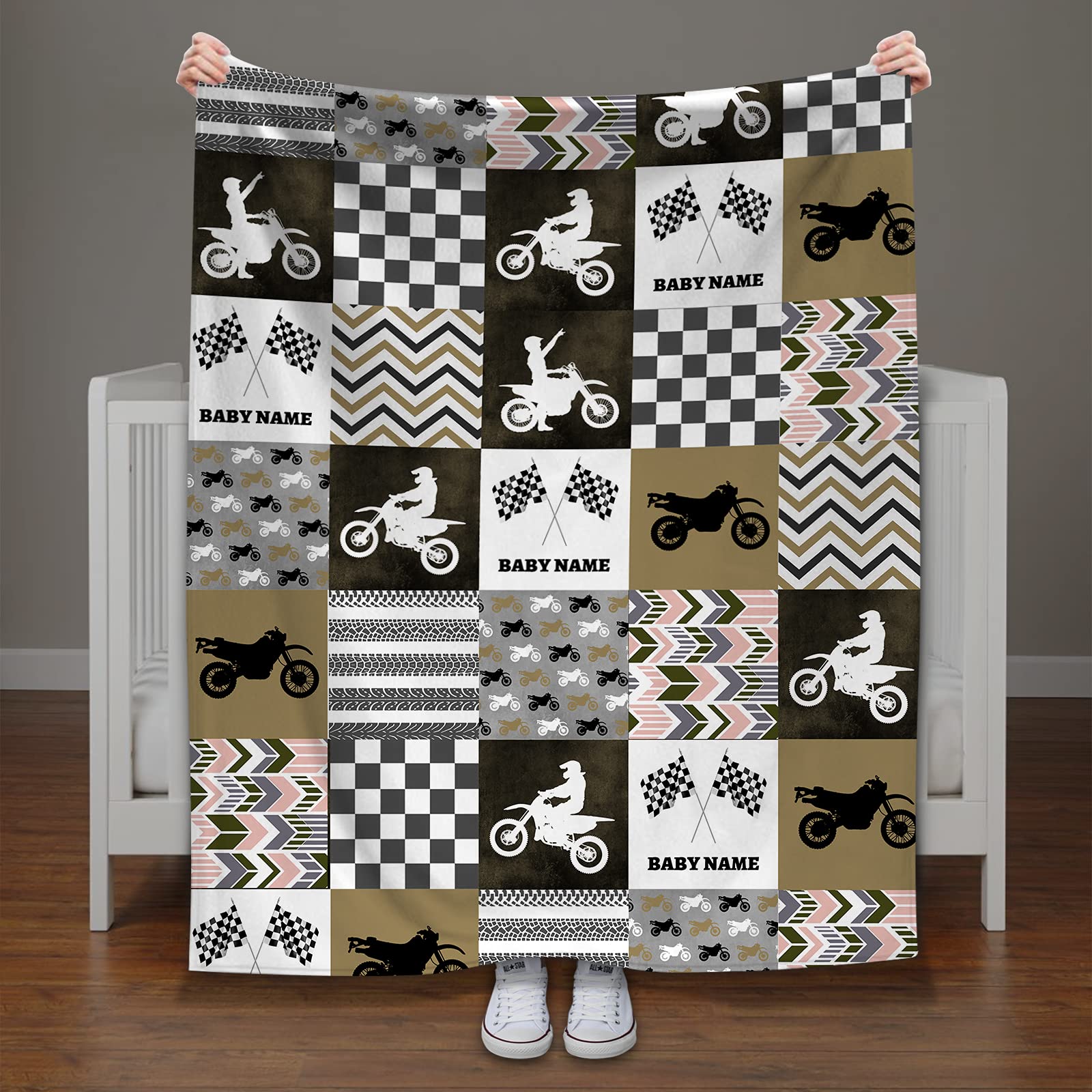 Personalized Baby Name Motocross Blanket - Soft Minky Dirt Bike Baby Blanket for Boys & Girls - Motorcycle Themed Nursery Decor & Cozy Crib Blanket - Perfect for Gifts, Bedtime & Nursery Room Decorations