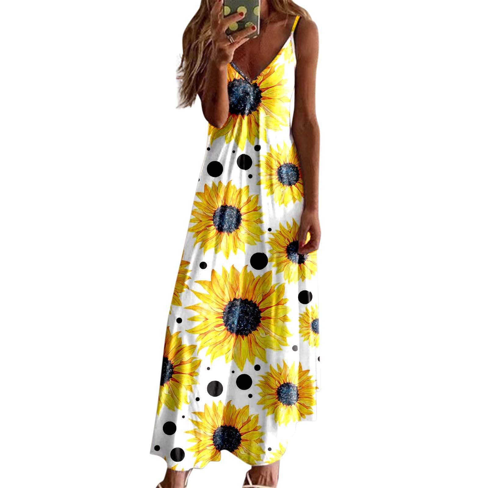 Women's Floral Sunflower Print Loose Maxi Dress - Sleeveless V-Neck Long Swing Dress for Summer Beach, Vacation & Casual Wear