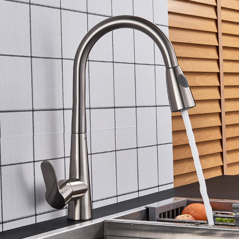 Brushed Nickel Pull-Out Sprayer Kitchen Faucet with Single Handle Mixer Tap, 360° Rotation for Hot & Cold Water, Ideal for Modern Sinks and Compact Kitchens