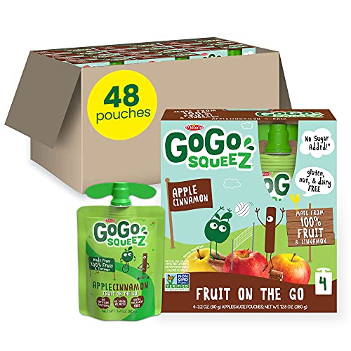 GoGo squeeZ Apple Cinnamon Fruit Pouches - 3.2 oz Pack of 48 | Healthy Unsweetened Snacks for Kids | Gluten Free, Nut Free, Dairy Free | Reusable BPA Free Packaging | Perfect for School Lunches, Road Trips & After-School Activities