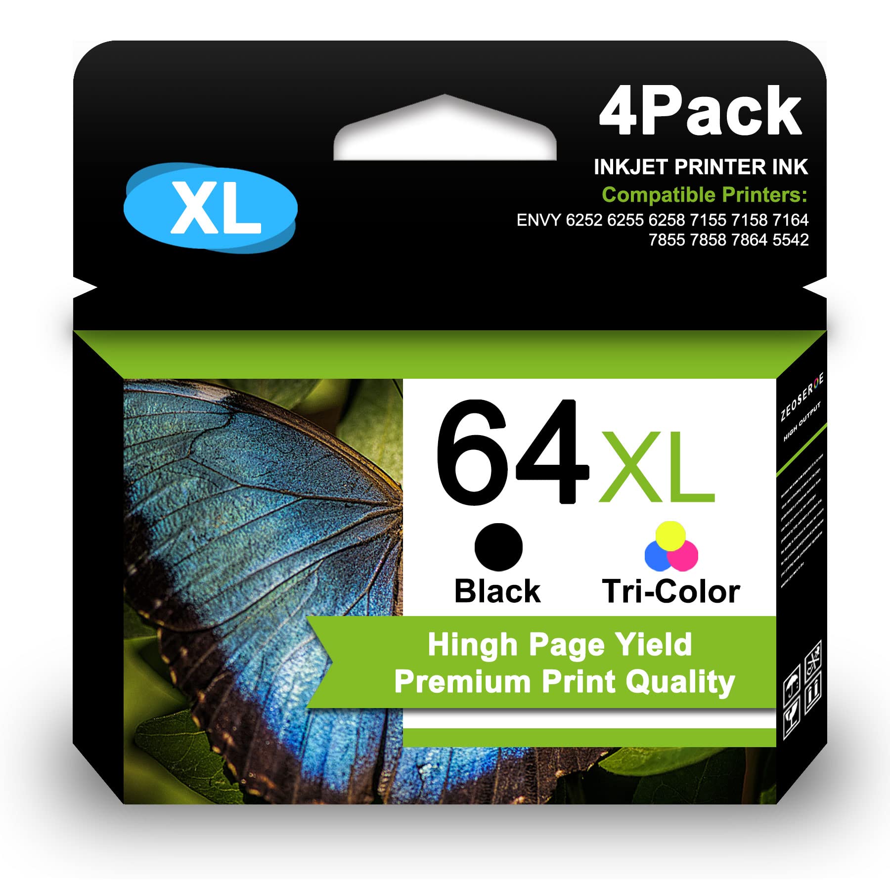 ZEOSEROE Remanufactured 64XL 64 XL Ink Cartridges - 4-Pack (3 Black + 1 Tri-Color) | Compatible with HP Envy 6255, 6258, 7155, 7164, 7855, 7858, 7864, 5542 Printers | Replacement for HP N9J92AN & N9J91AN | High-Quality Printer Ink for Home & Office Use